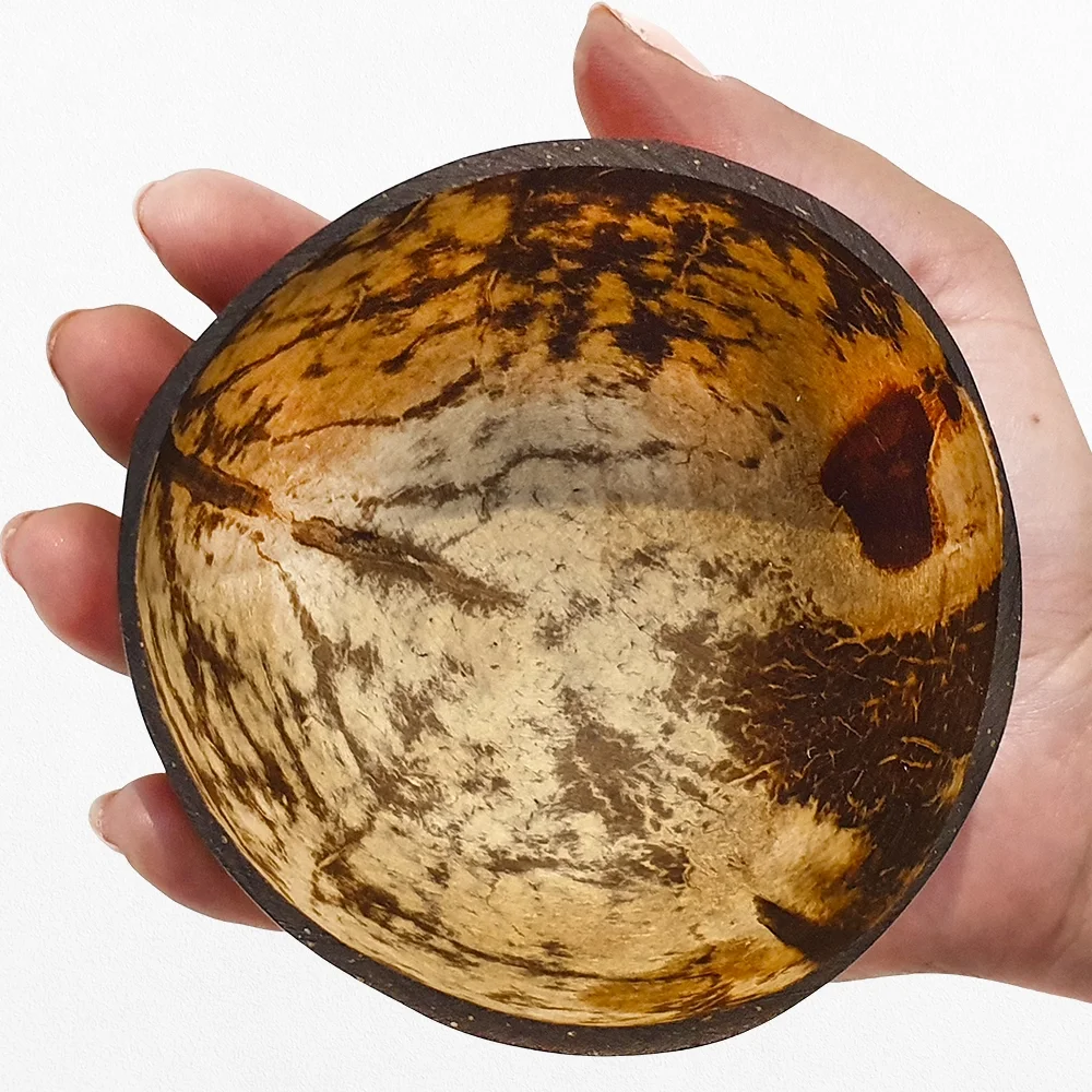 coconut bowl in the palm of hand