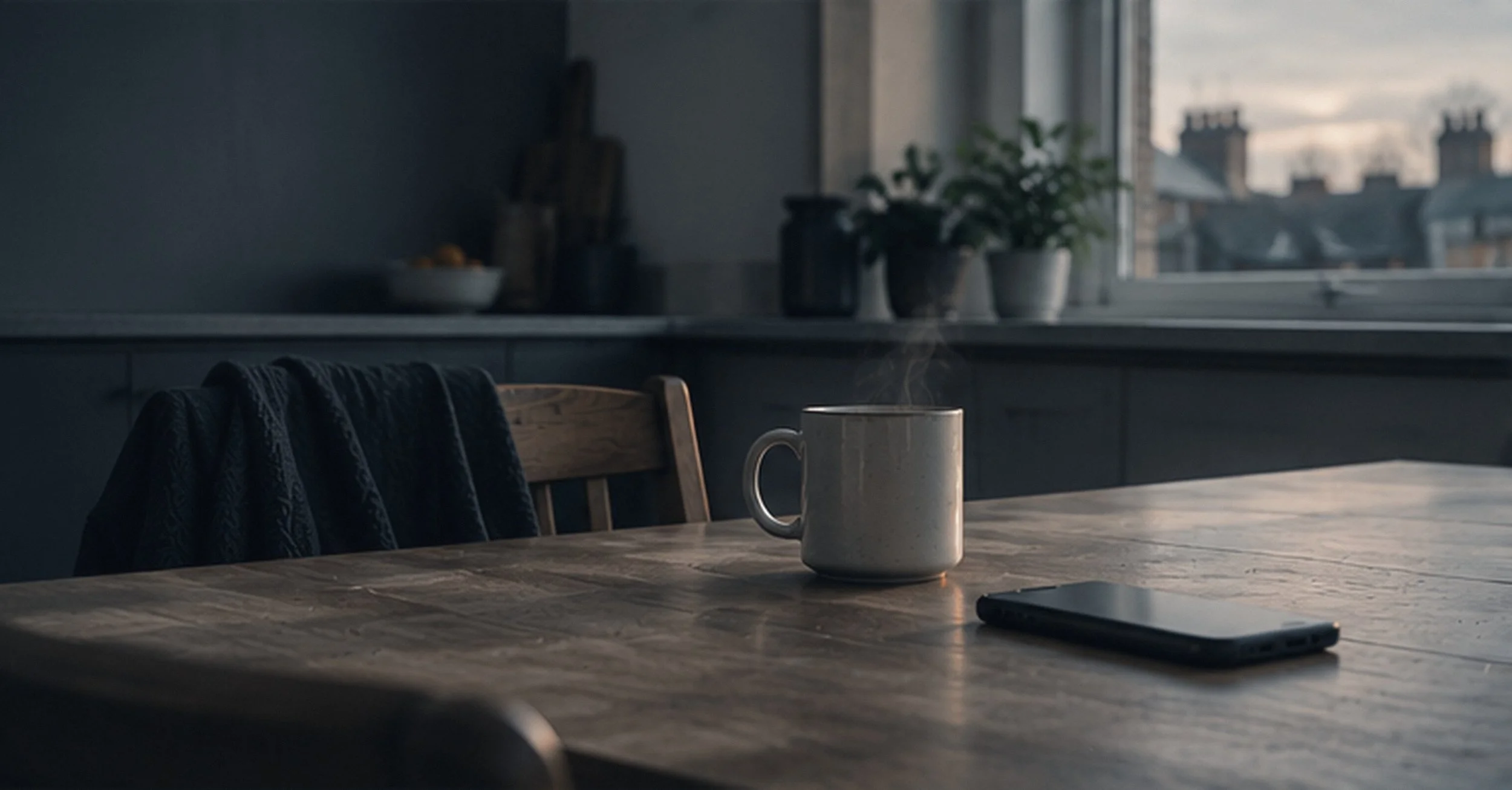 Kitchen table with a mug and phone in the early morning
