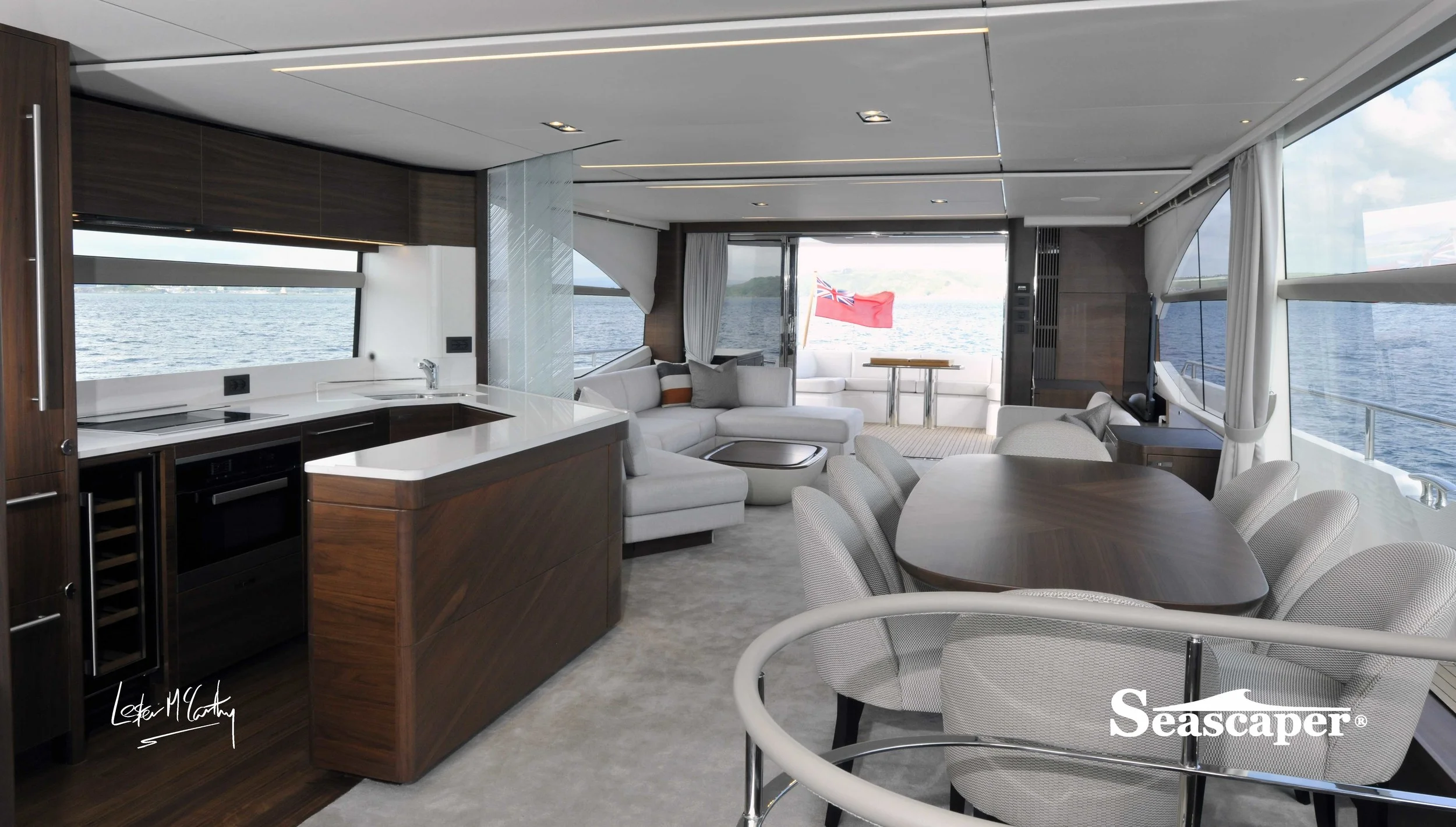 The light and airy saloon, the galley features sliding frosted glass panes and the floor is level throughout.