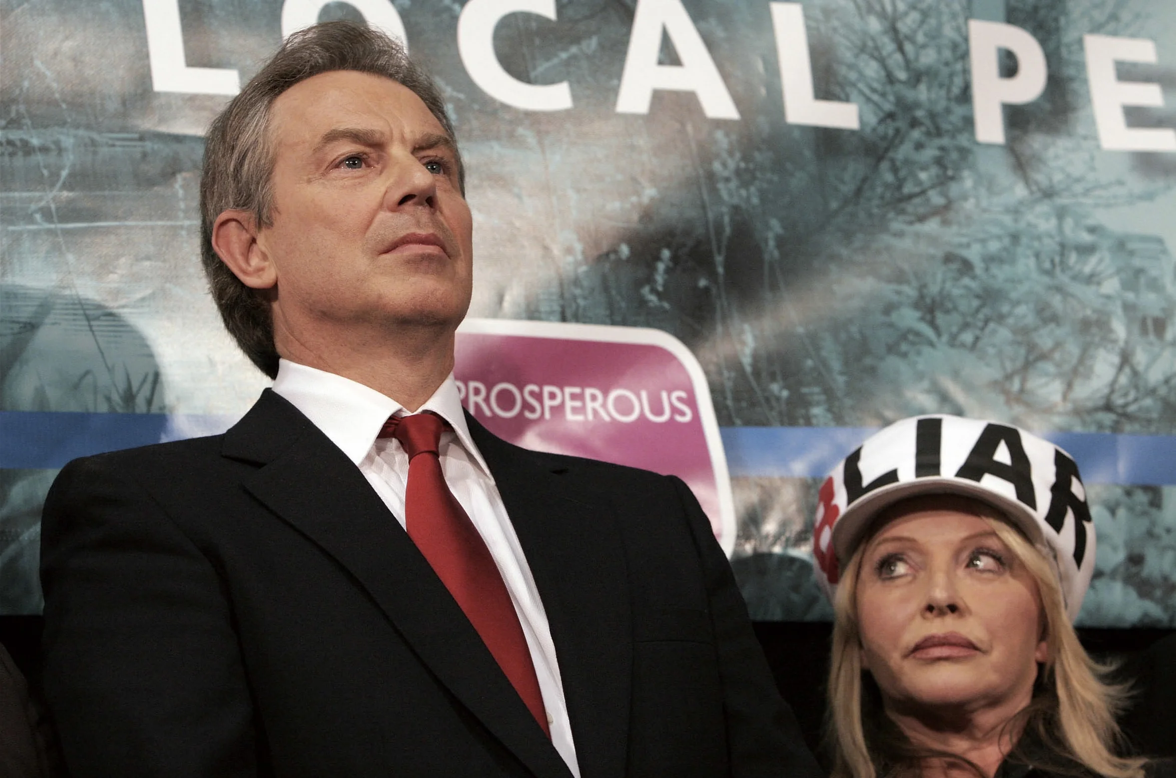 Tony Blair and Pensioners Party' candidate Cherri Blairout Gilham, at the 2005 election count in his Sedgefield constituency, Newton Aycliffe, 6/5 2005