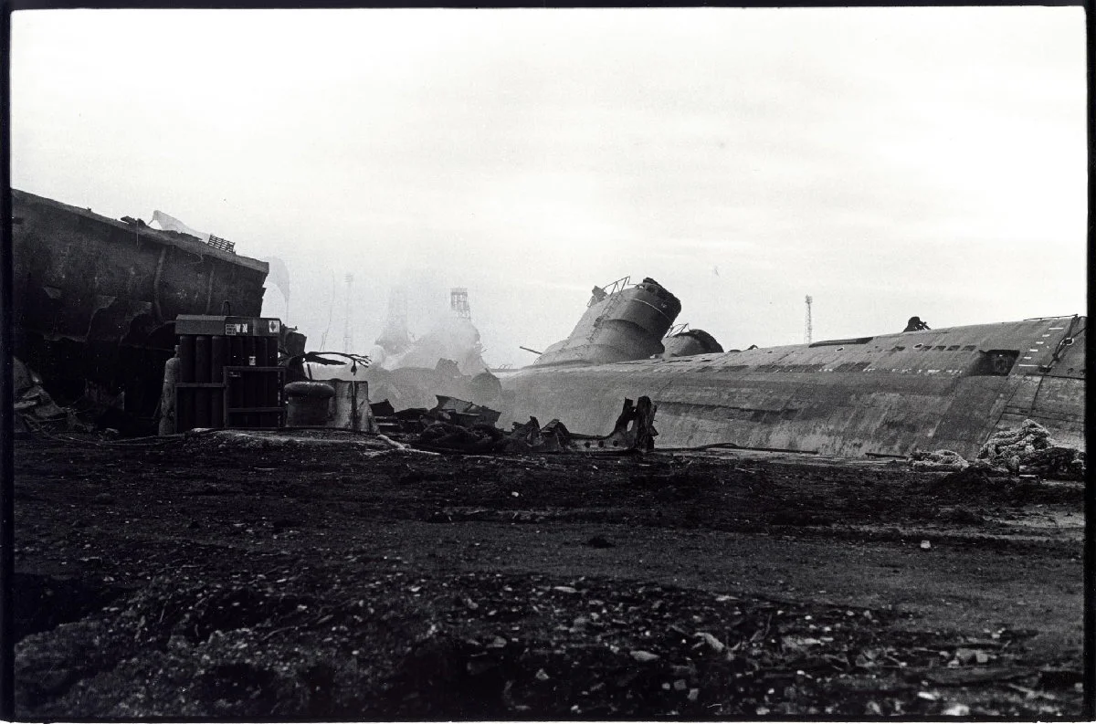 Russian diesel submarines being broken for scrap. Battleship Wharf, Blyth, Northumberland, 1990