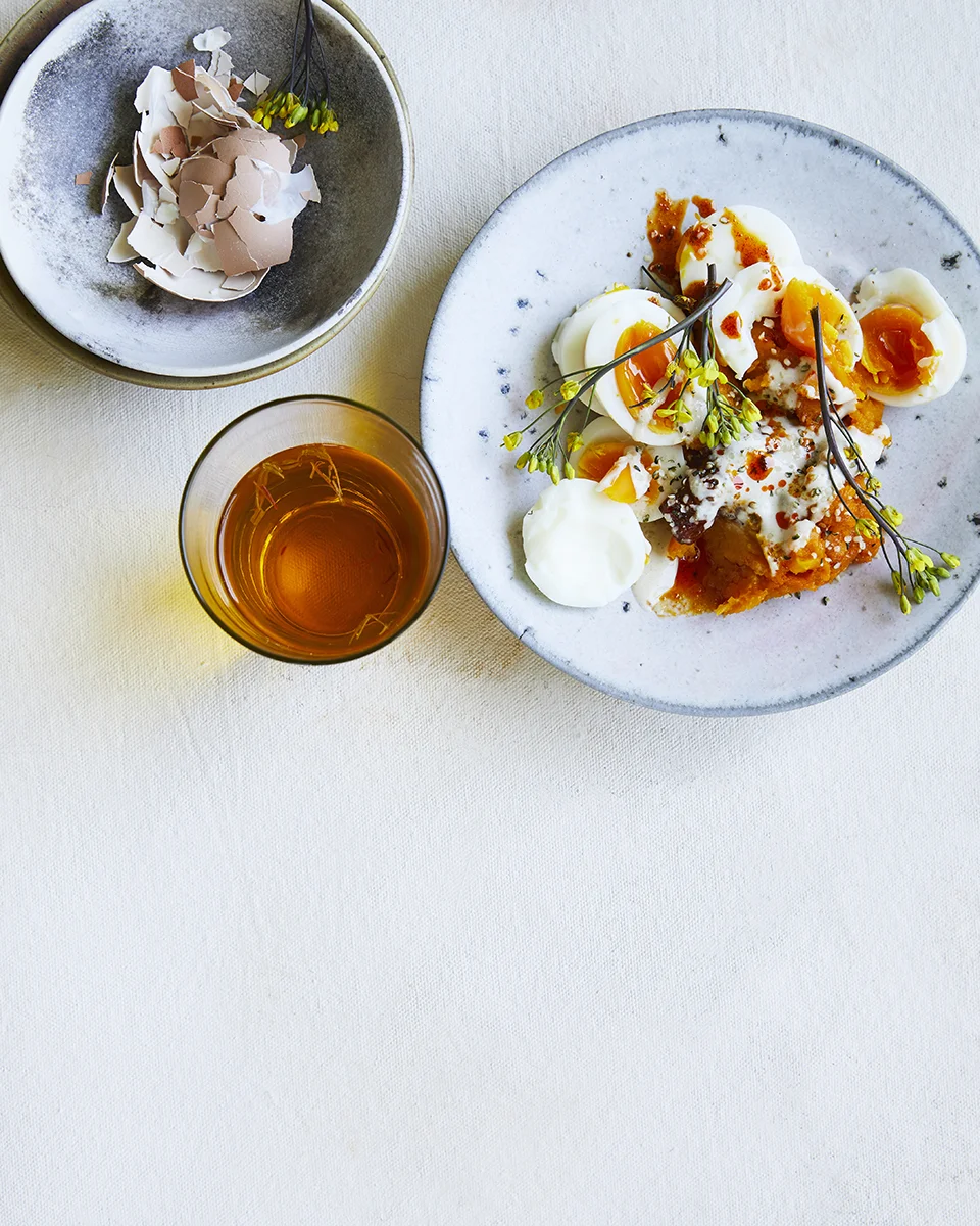 Jammy eggs with kobocha squash