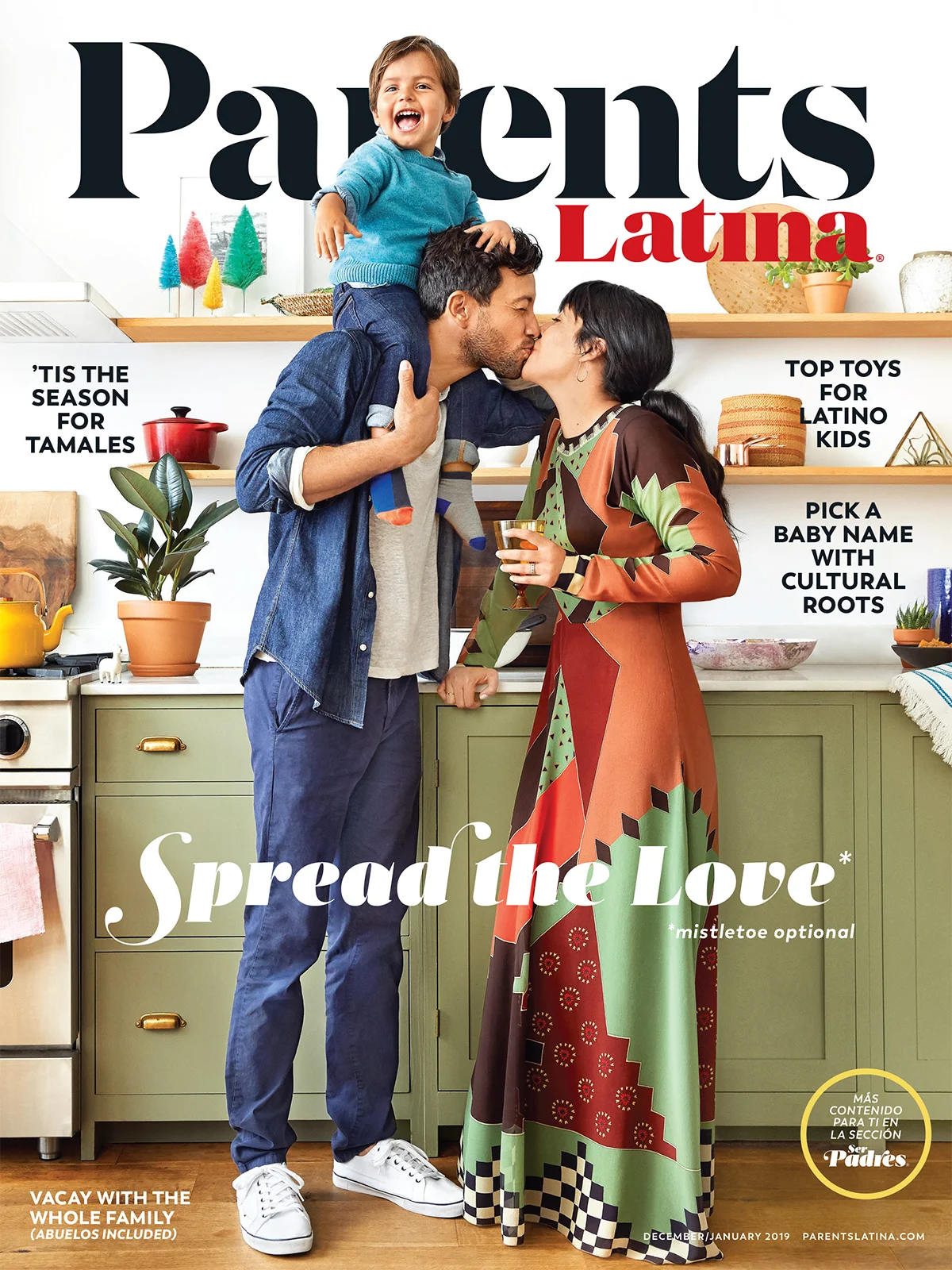 Latino family kissing in kitchen