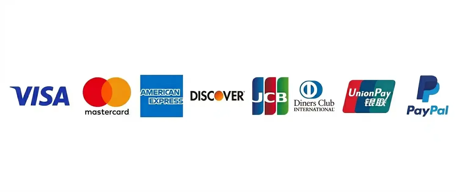 Logos of various credit card companies and payment services, including Visa, Mastercard, American Express, Discover, JCB, Diners Club, UnionPay, and PayPal.