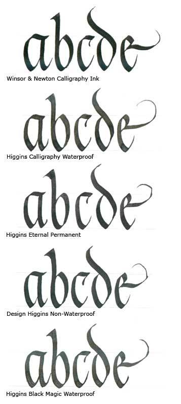 Taken from the Calligraphy Pen Blog . Notice how different in appearance your inks can appear. This image has not been retouched in any way.