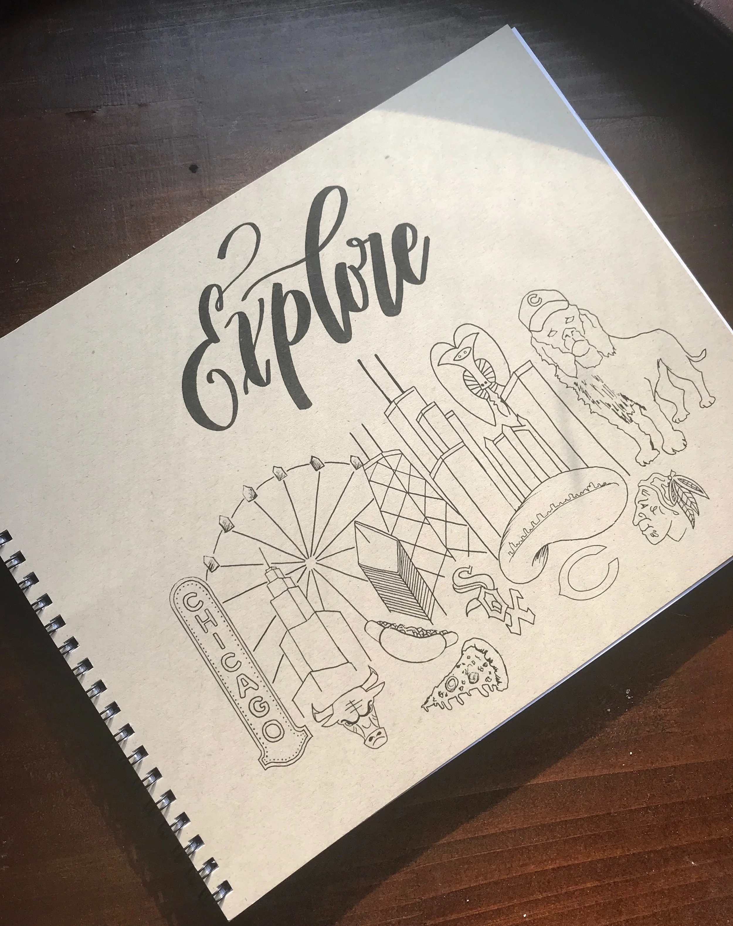 I based the cover of this sketchbook from a drawing I did on a welcome mirror at Venue SIX10 last year! I took a pic of the mirror, scanned it in my computer, cleaned it up and added to it. Being a native Chicagoan I was pretty proud of how it came out. Perfectly imperfect but captures the essence of our hard working, much maligned, world class city. Only 2 left in stock, order today!