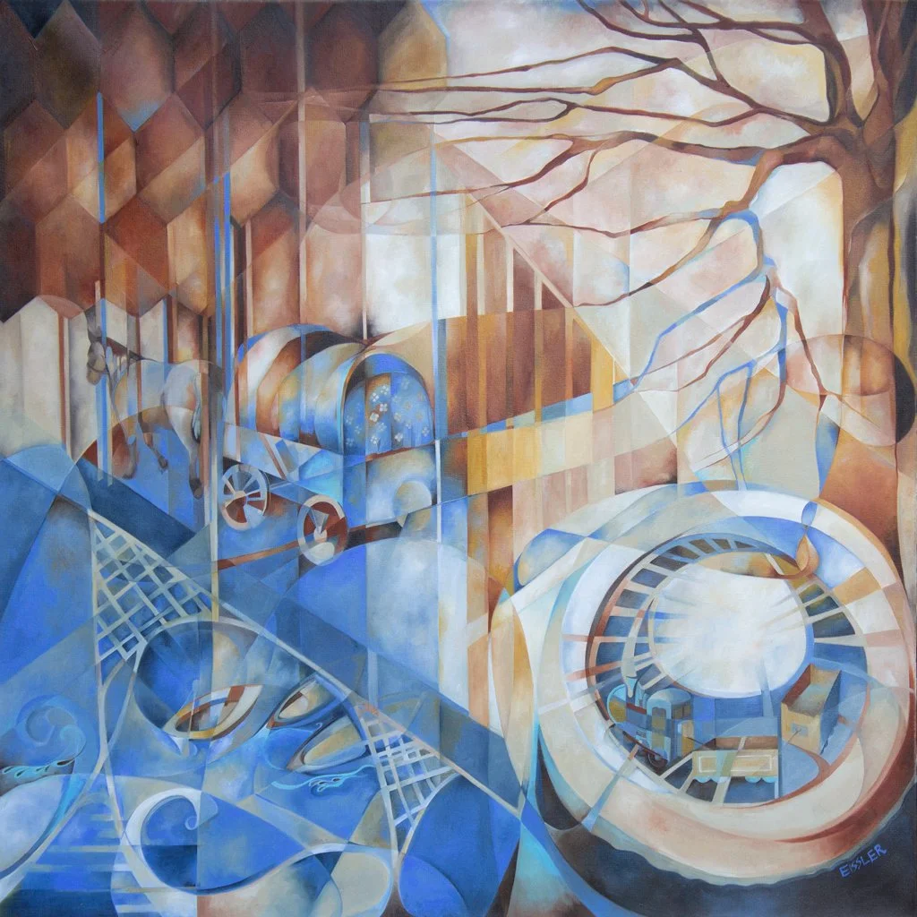 CARAVAN ACROSS THE BRIDGE, oil on canvas, 36" x 36"