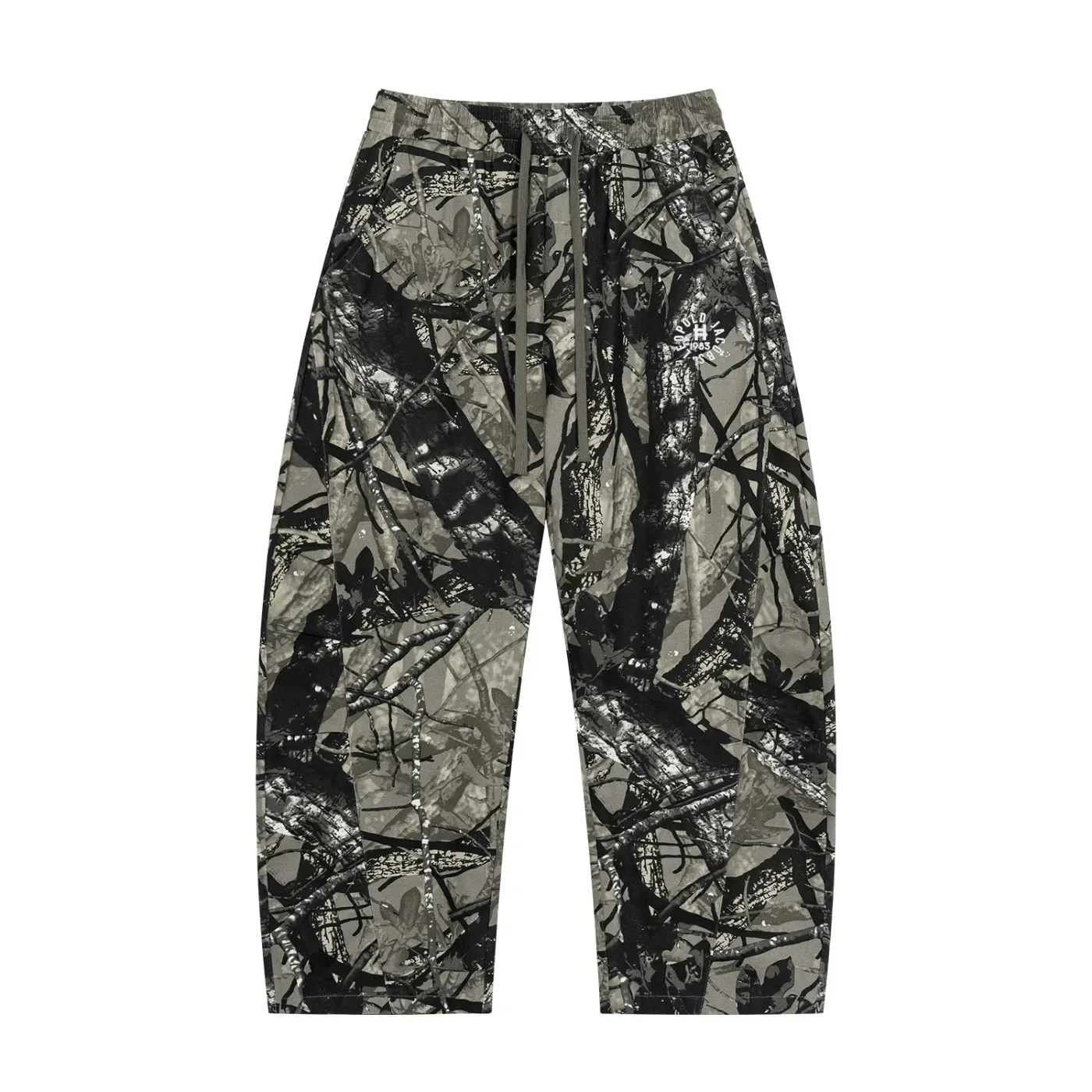 Unisex Tree Camo Barrel Leg Pants. gray front.webp