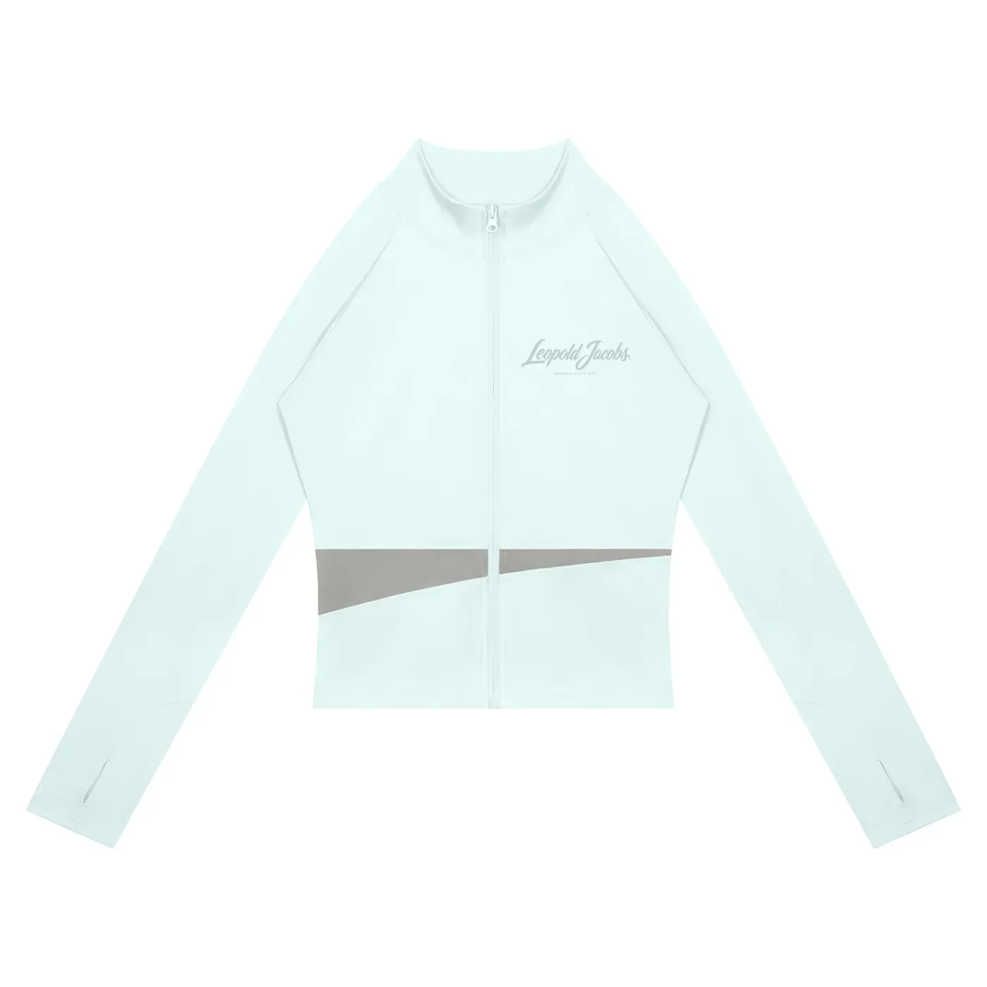 Women's Paneled Yoga Jacket Light Blue & Gray Front.webp