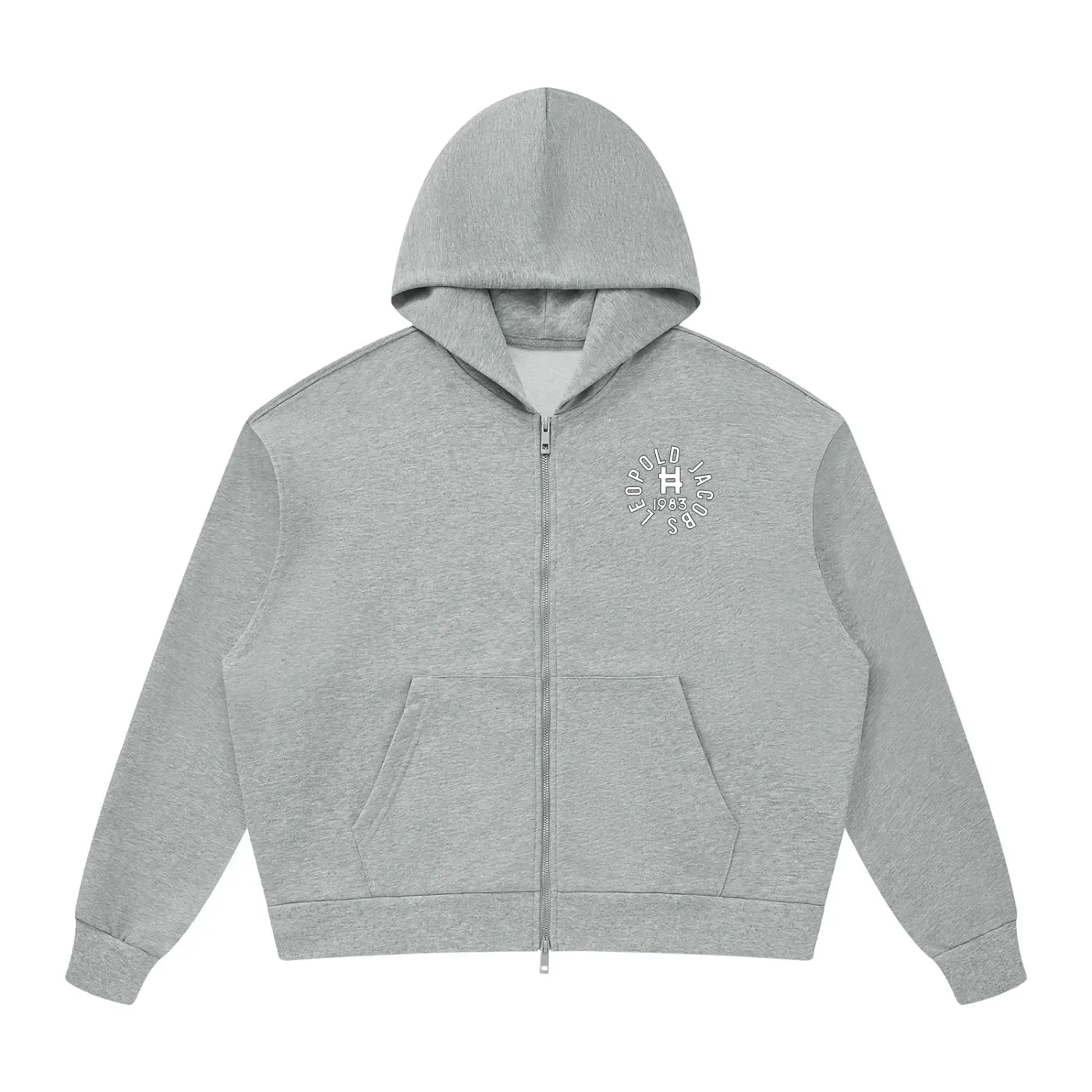 Unisex Drop Shoulder Full Zip Hoodie - Gray - Front.webp