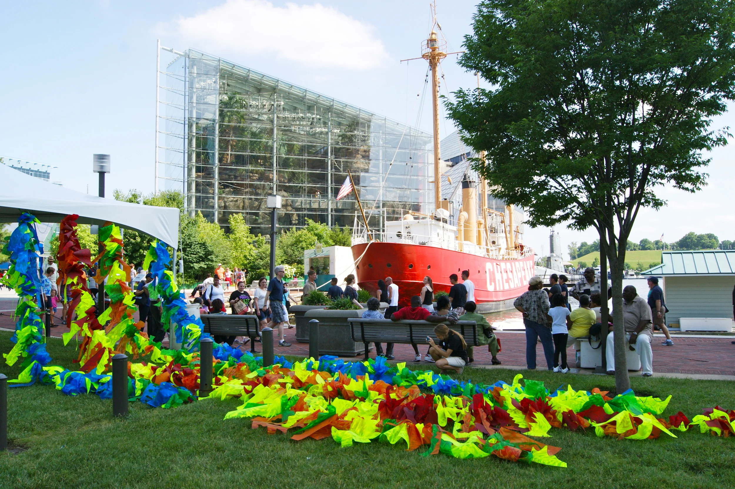 "The Wave," Susan Hoffman Fishman and Elena Kalman. Polycarbonate Film and Parachute Cord, National Aquarium, Baltimore, MD for World Ocean's Day, 2013.