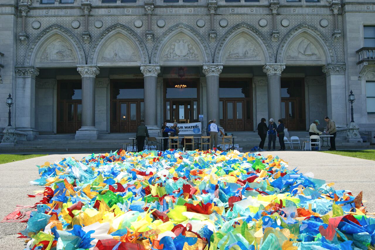"The Reservoir Wave," Susan Hoffman Fishman and Elena Kalman. Polycarbonate Film and Parachute Cord, Site Specific Installation, Connecticut State Capitol, Hartford, CT, May, 2016.
