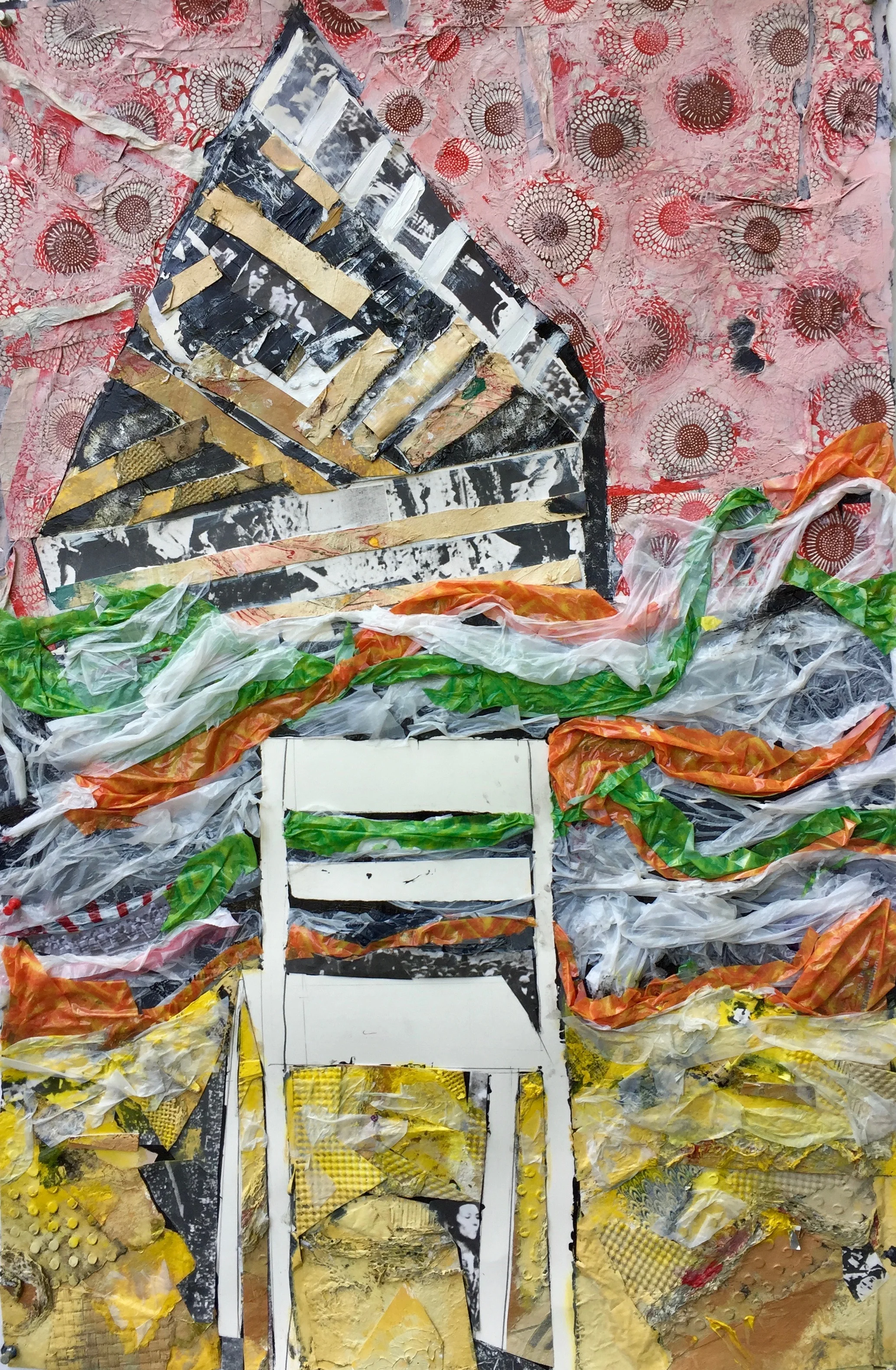 "Plastic Seas/Rising Tides, #4, 40" x 26," Plastic, Documentary Photographs, Acrylic and Hand-Made Paper on Paper, 2017.