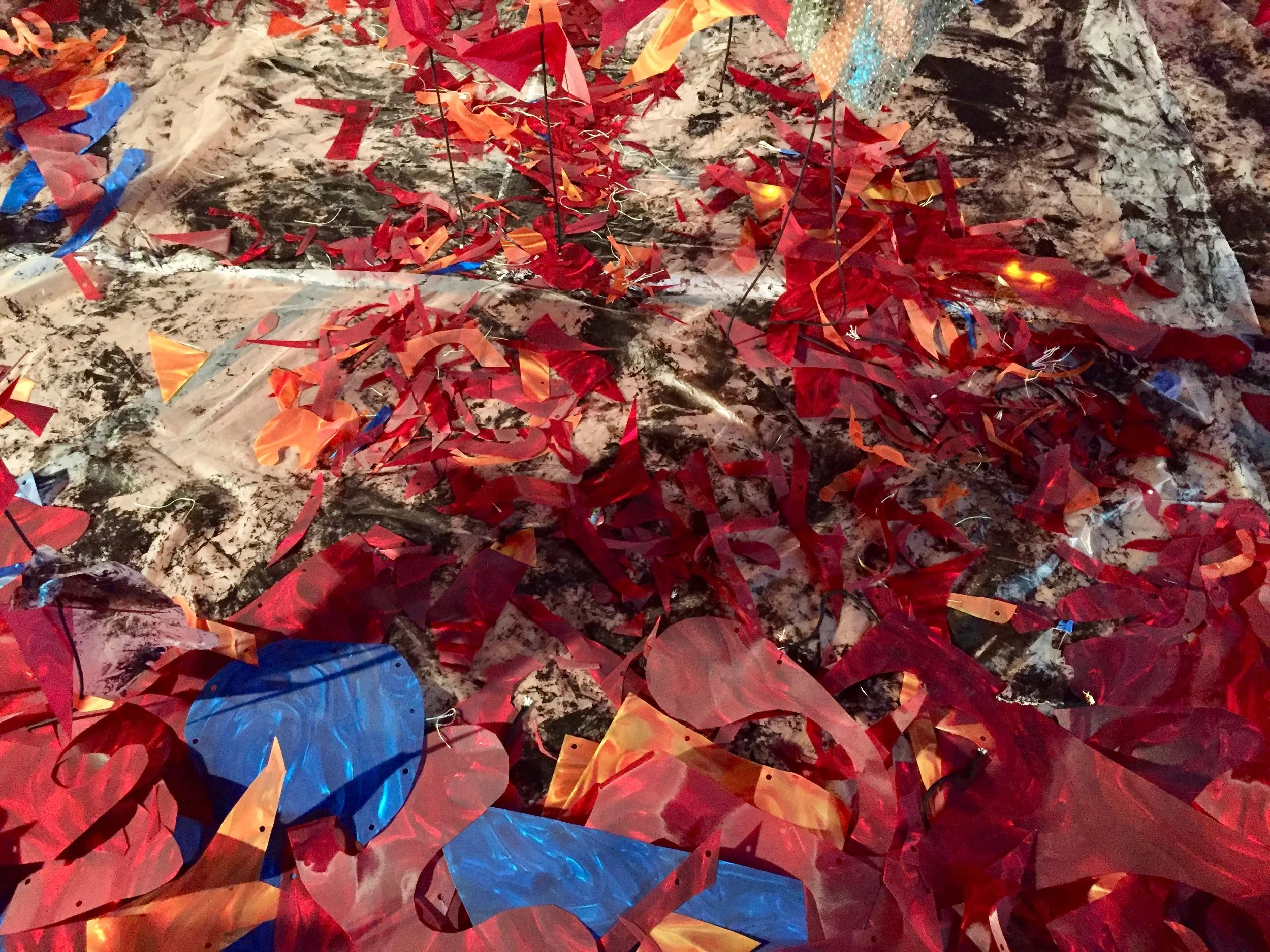 Anthropocene, 2017, Polycarbonate Film, Parachute Cord, Plastic, Acrylic, Fabric and Live Plant Material, 17' High x 20' Wide x 20' Long. Ground Detail .