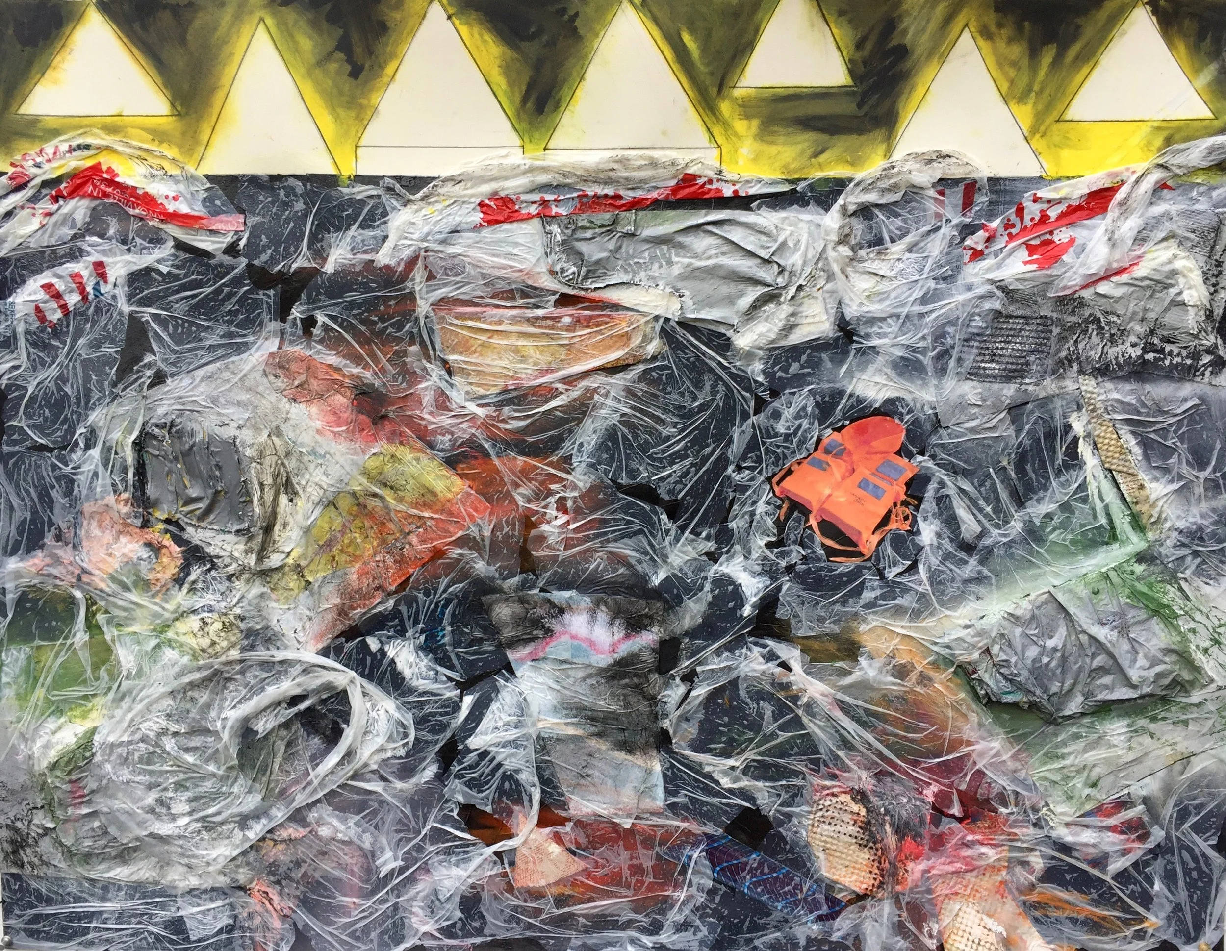 "Plastic Seas/Rising Tides, #7," 34" x 44," Acrylic, Oil Stick, Photos and Plastic on Paper, 2017.