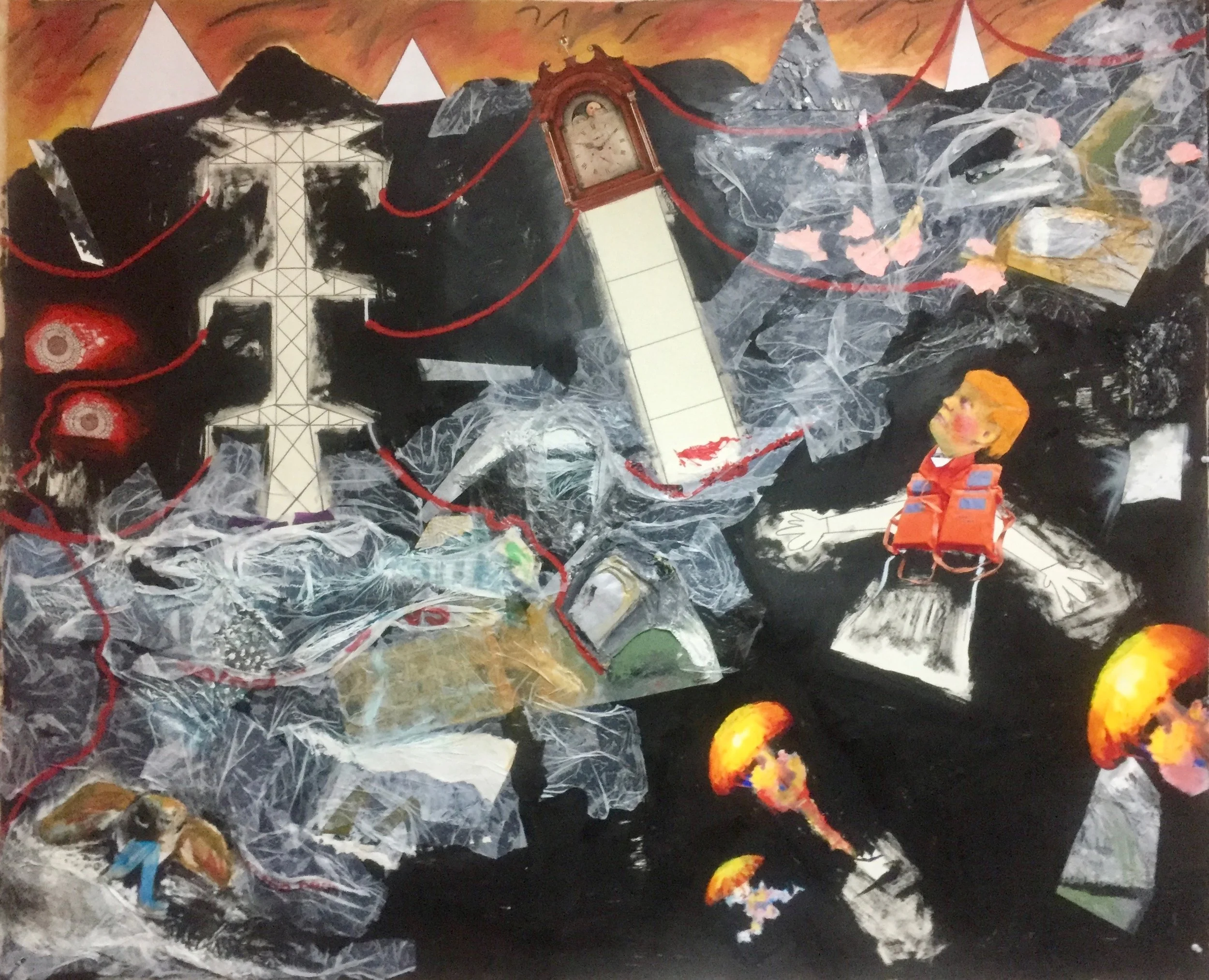 "Plastic Seas/Rising Tides, # 8: Too Late!" 52" x 60," Acrylic, Oil Stick, Photographs, Graphite and Plastic on Paper, 2017