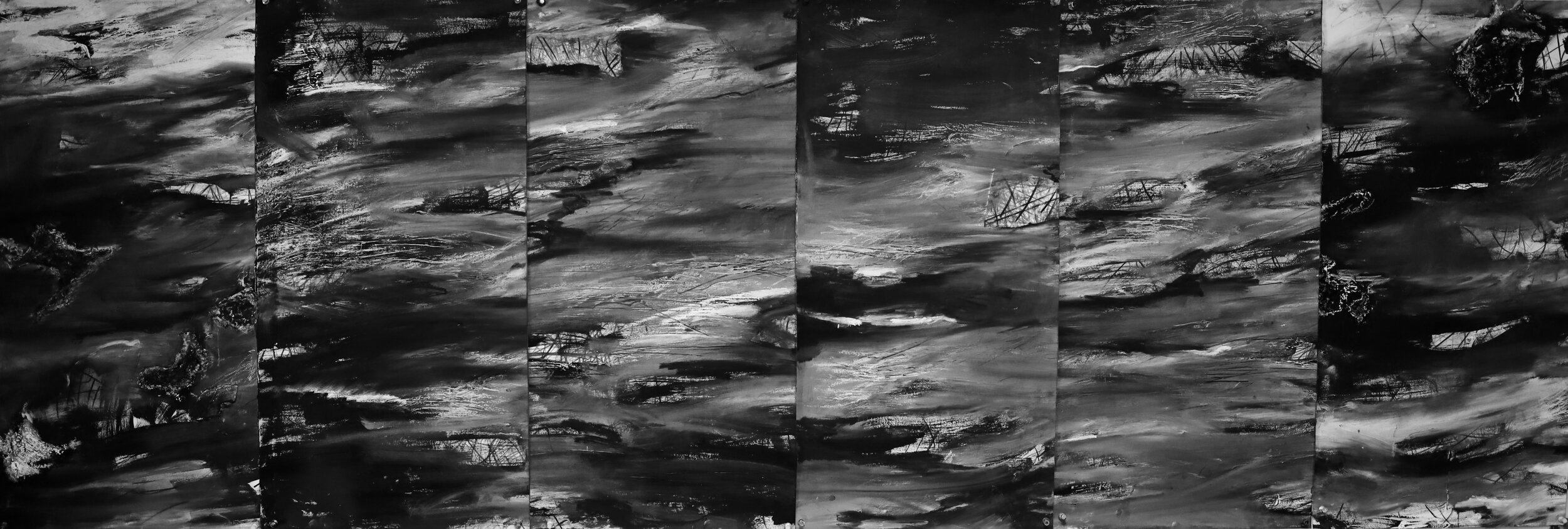In the Beginning There Was Only Water II , Acrylic and Oil Stick on Paper, 30” x 90,” 2021. Six panels, each 30” x 15.”