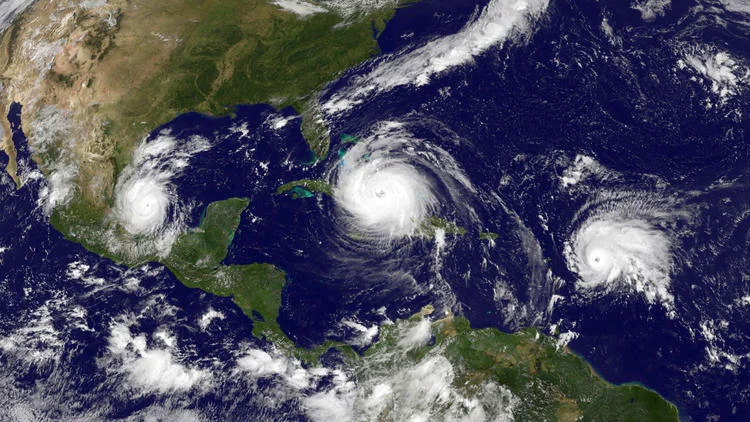 NOAA's GOES satellite shows Hurricane Irma, center, in the Caribbean Sea; Tropical Storm Jose, right, in the Atlantic Ocean; and Tropical Storm Katia in the Gulf of Mexico on Sept. 8, 2017. (Photo by NASA/NOAA GOES Project via Getty Images)