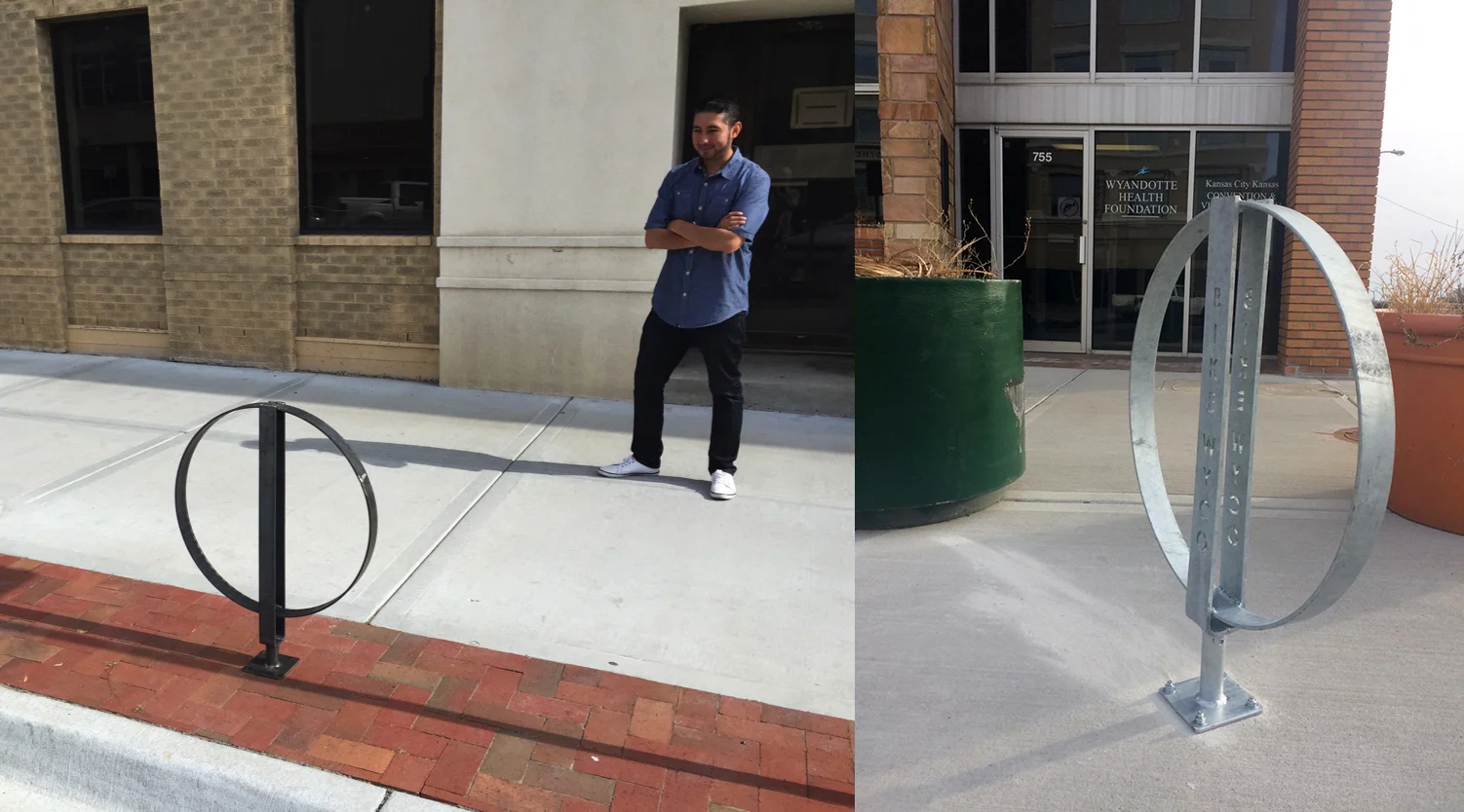 Initial prototype on the left, with Randy Lopez of Wyandotte Health Foundation. Final version is on the right.