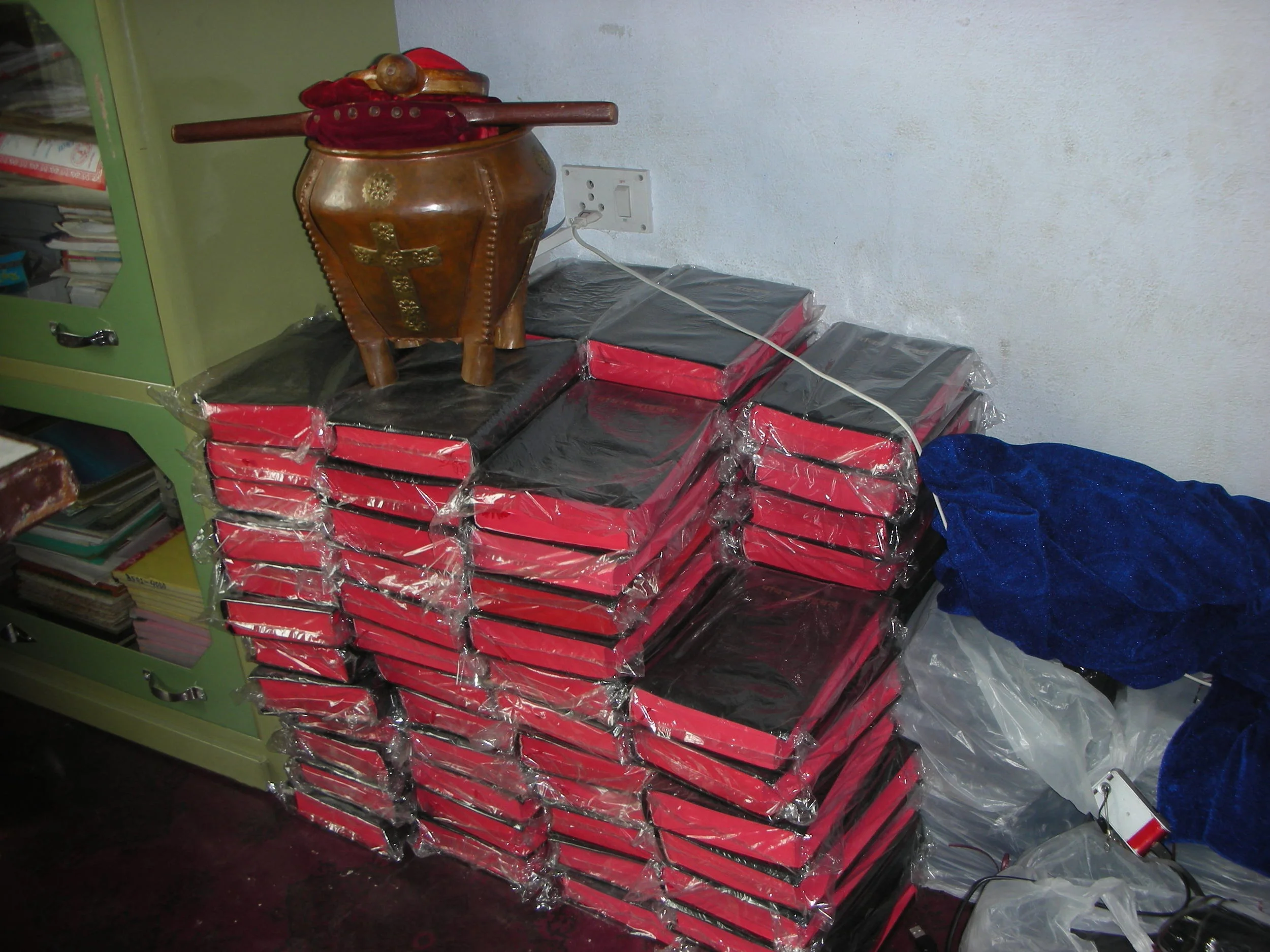 Brand new Bibles ready to be handed out.