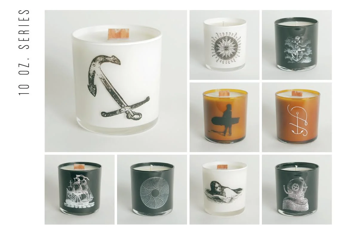 Helmsman Candle Co. makes soy wax candles in custom designed glass containers.