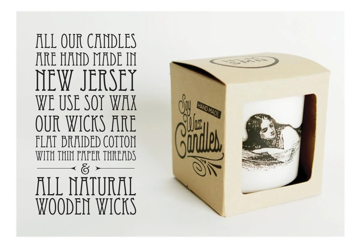 "Lady of the Sea" is a hand Silk Screened glass jar with 10 oz of all natural soy wax with a wooden wick made from a mid-western native hardwood. 