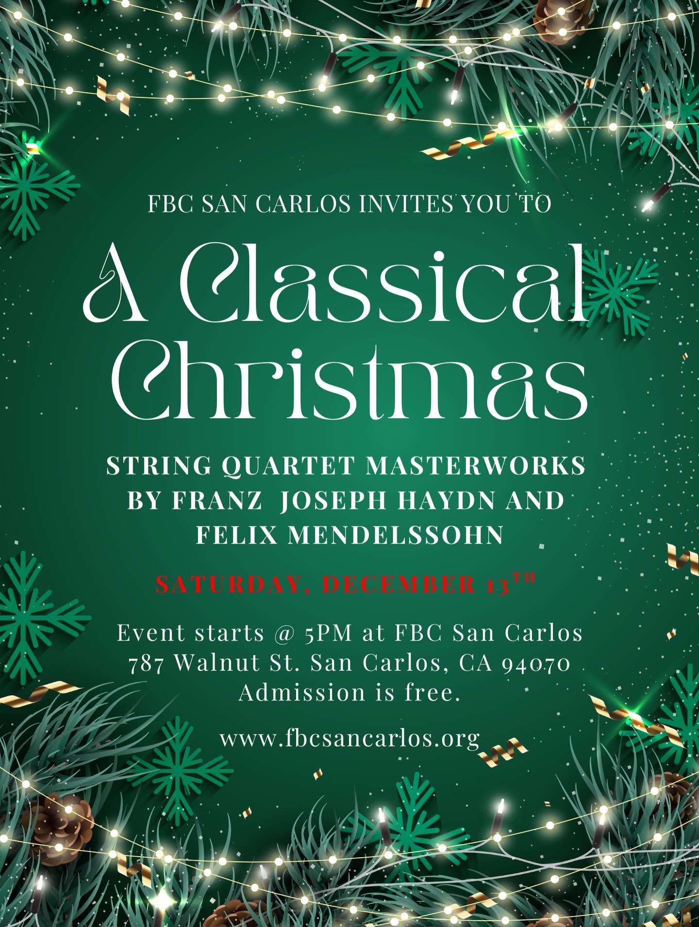 This year we are doing a Christmas concert and it is going to be reflective, beautiful and stunning! We have a quartet of string players who have played for symphony and much more! Don&rsquo;t miss this chance to hear some classical music and to get 