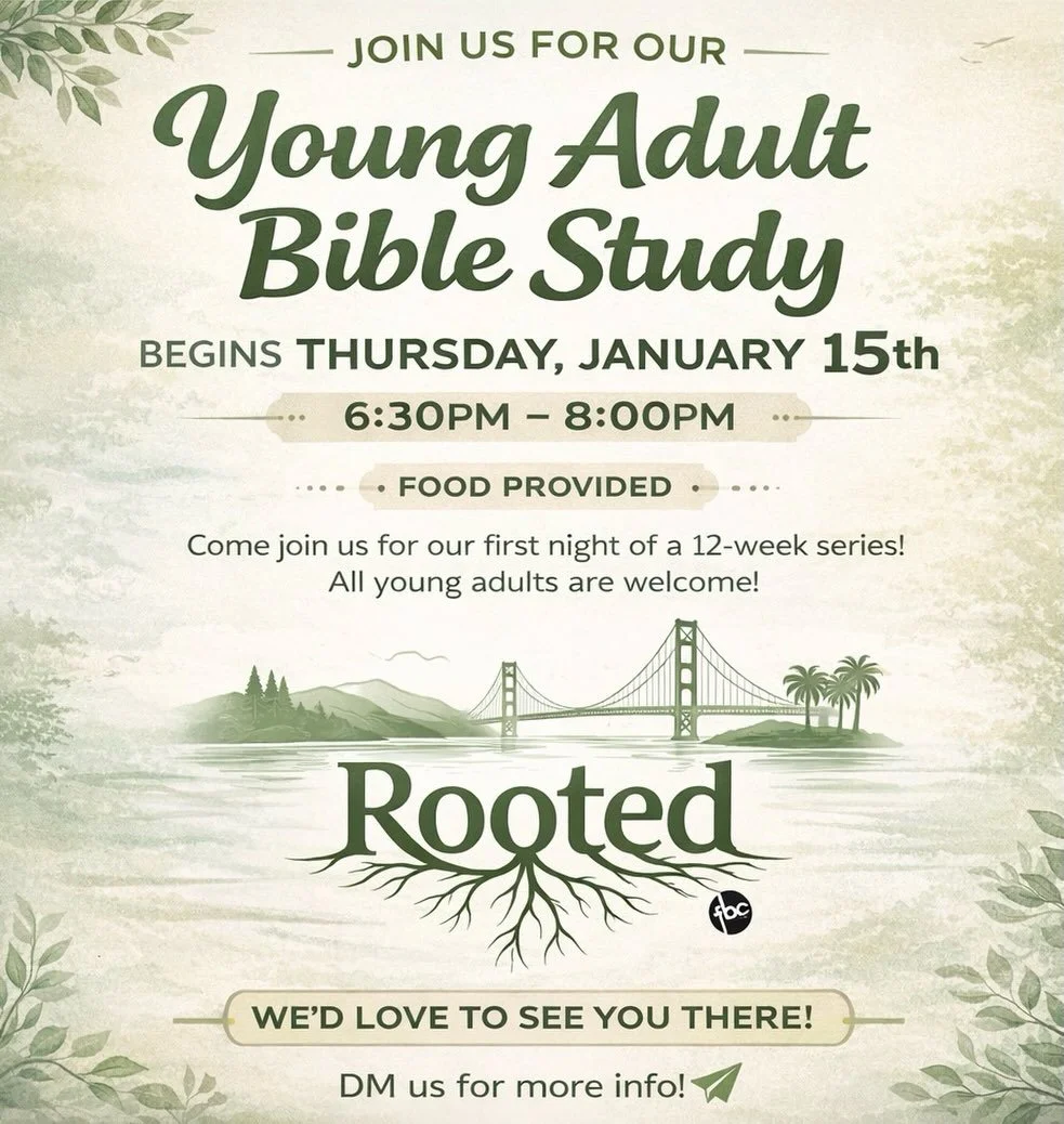 Join us next week for our First Young Adult Bible Study as we kick off a 12-week series together.
🗓️Thursday, January 15
⏰6:30&ndash;8:00 PM
📍First Baptist San Carlos
All young adults are welcome, hope to see you there!
DM us for more info!