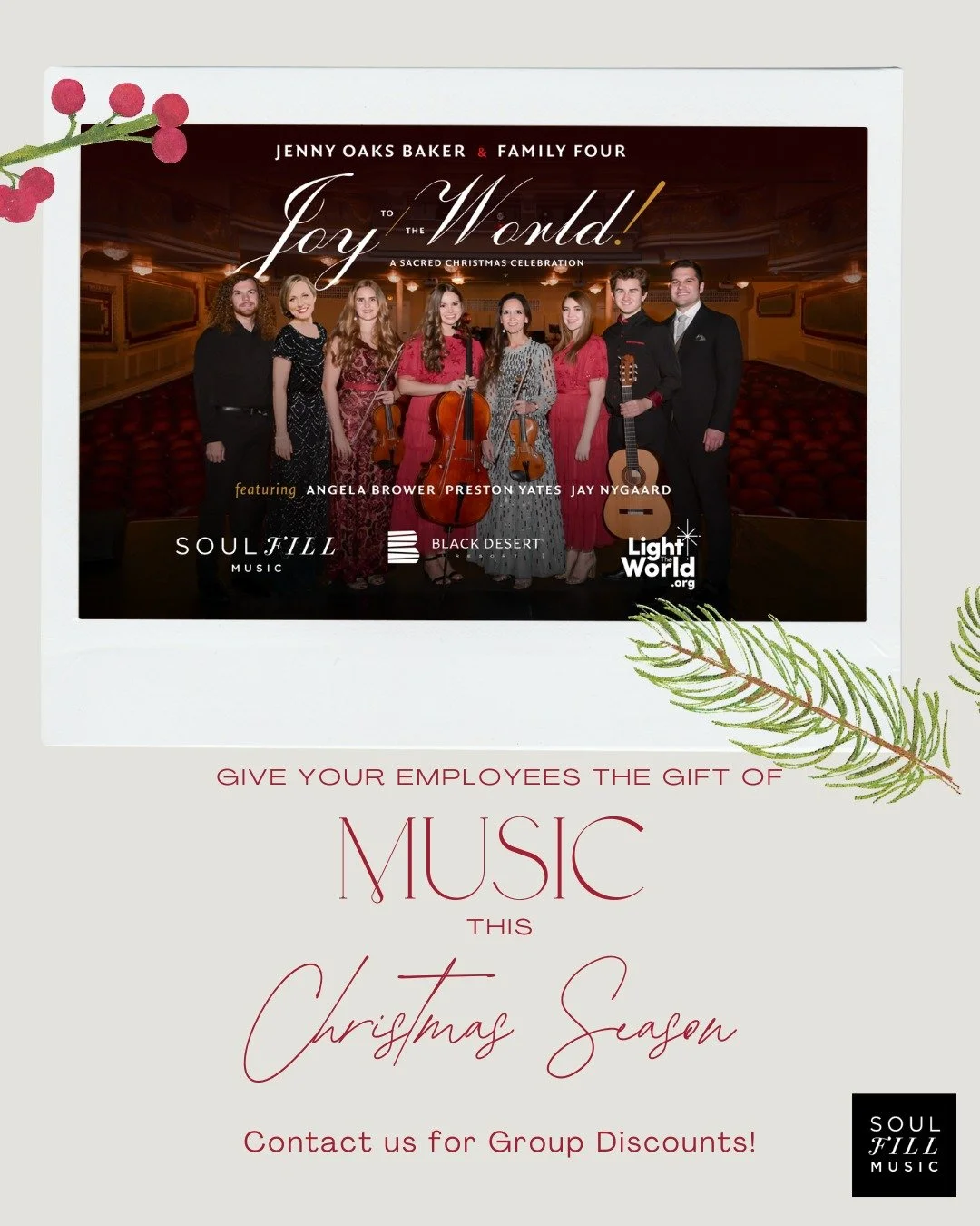 🎶✨ SPECIAL GROUP OFFER! ✨🎶
Bring your business, club, church group, or family to Joy to the World! and save up to 25%! 🎄

🎟 Group Discounts:
&bull; 10&ndash;50 seats &rarr; 15% off
&bull; 51&ndash;75 seats &rarr; 20% off
&bull; 76&ndash;100+ seat