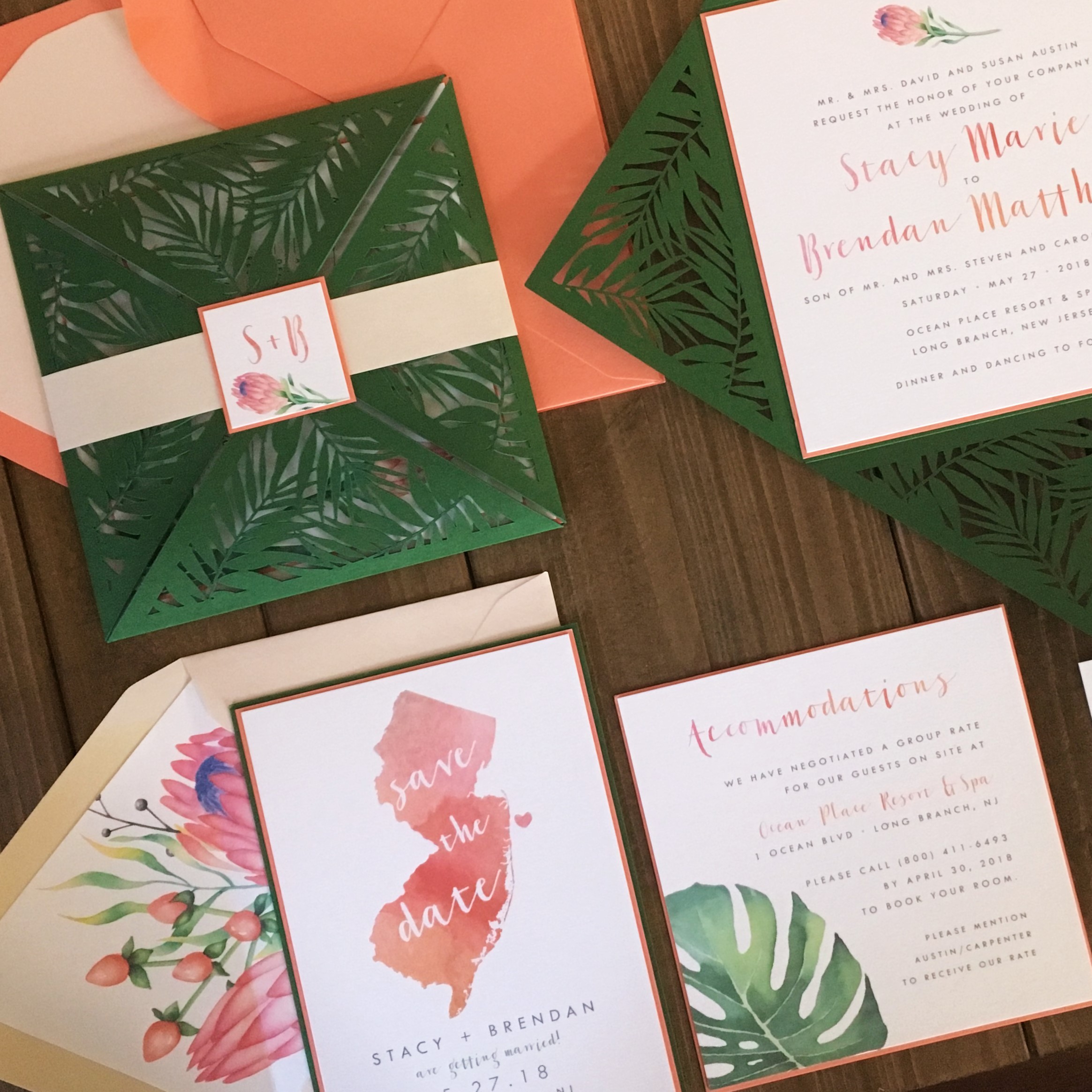 Tropical laser cut wedding invitations