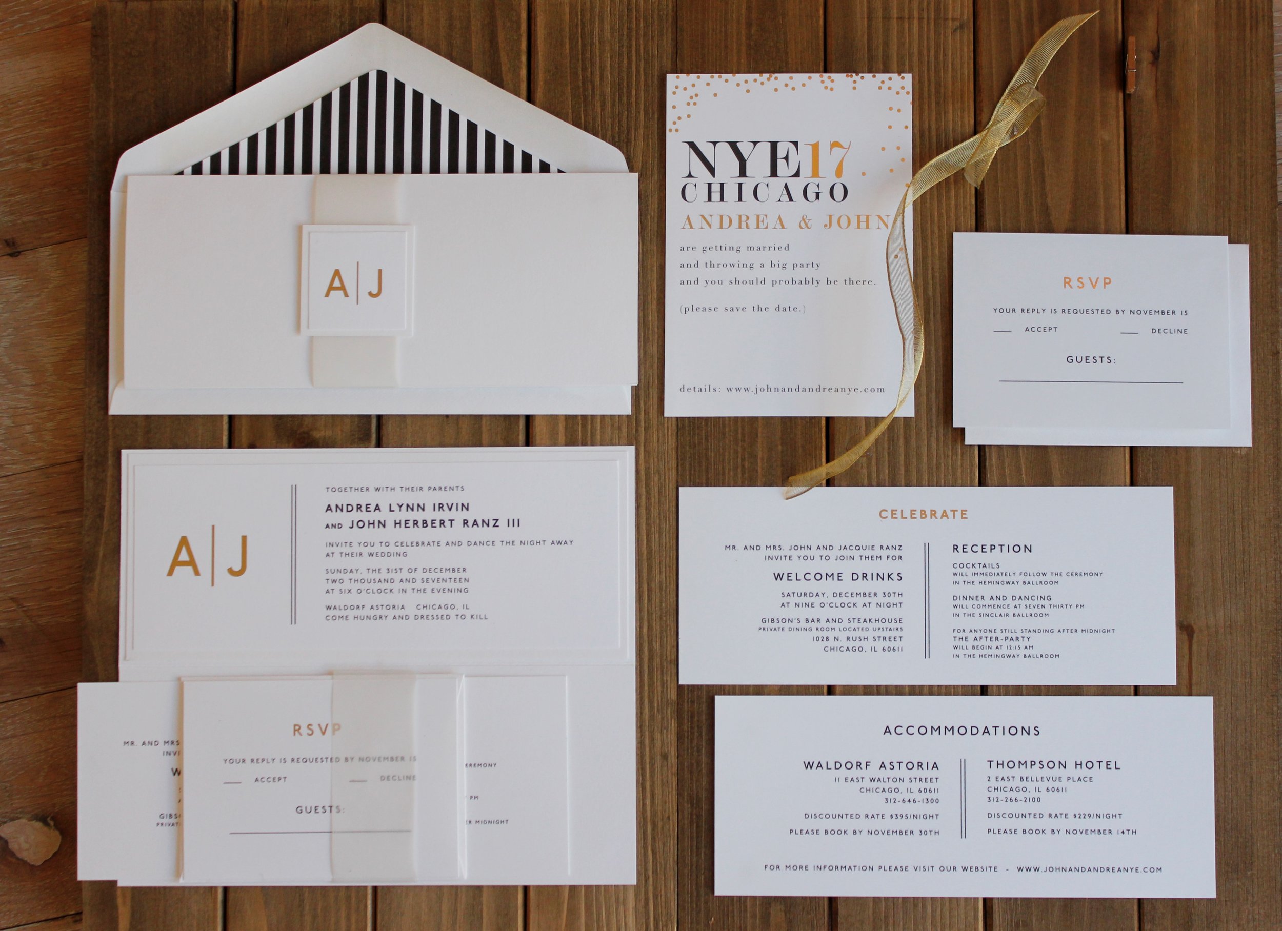 New Years wedding invitation with gold foil stamping
