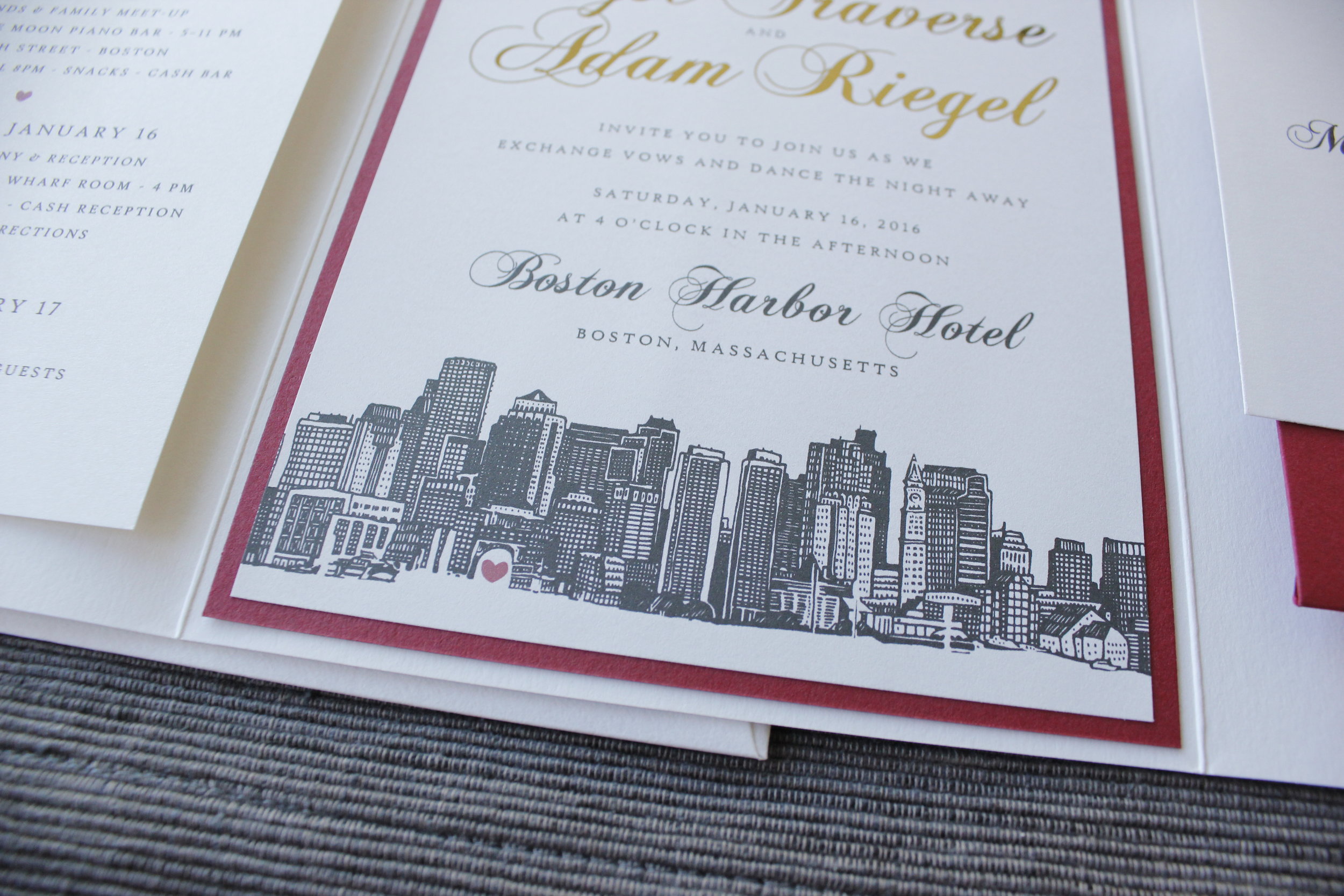 Hand drawn Boston skyline wedding invitations