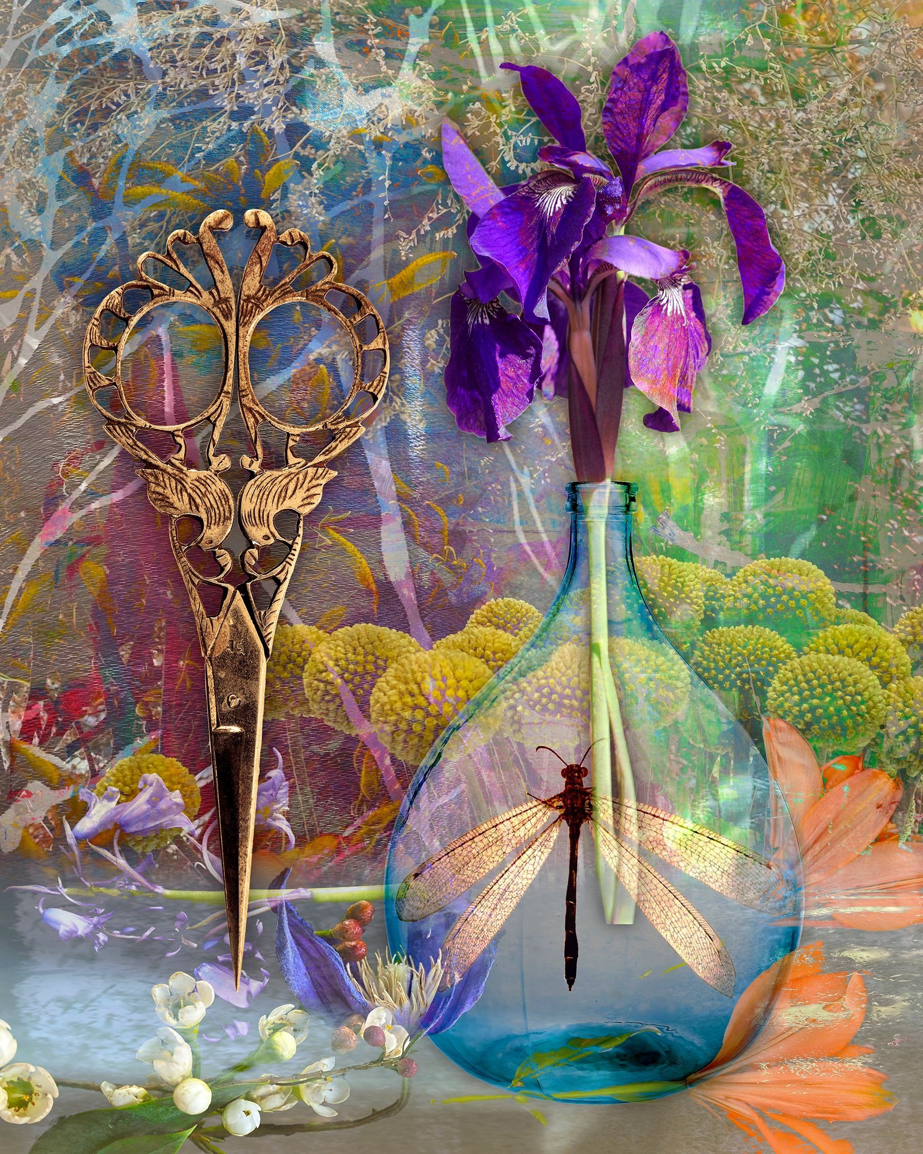 Still Life with Iris and Dragonfly