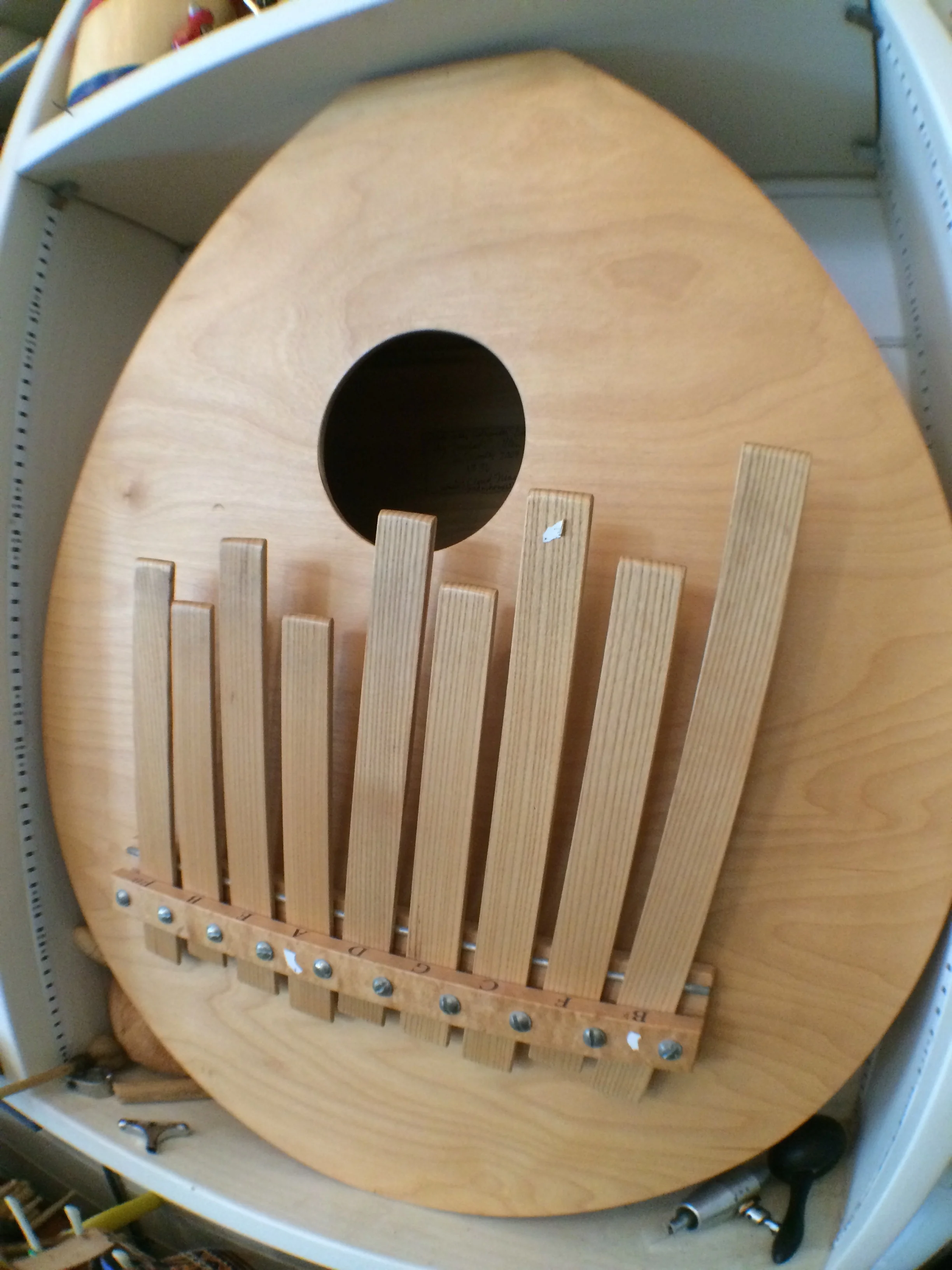 It's a Marimbula. This one is made by Cloud 9 musical instruments . It's a bass instrument. Yes... it's a large Kalimba (or "thumb piano") with wooden tines. The first marimbulas were Caribbean.... I think especially Cuban. They were originally made from wooden packing crates, and the metal strapping that was used to seal the crates was cut into varying lengths and used as a large tines which were attached to the box with some sort of bridge assembly. You tune the notes by pulling them longer or pushing them shorter through the bridge. Most old style Marimbulas only had 3 or 4 tines, which can work for lots of songs, especially if you can retune between keys. This wonderful thing has the wooden tines, and it's supposed to sound warmer than an old style Carribean marimbula, or "Samba Box".... but I've never heard one of those. And with 9 notes, the world is your oyster!