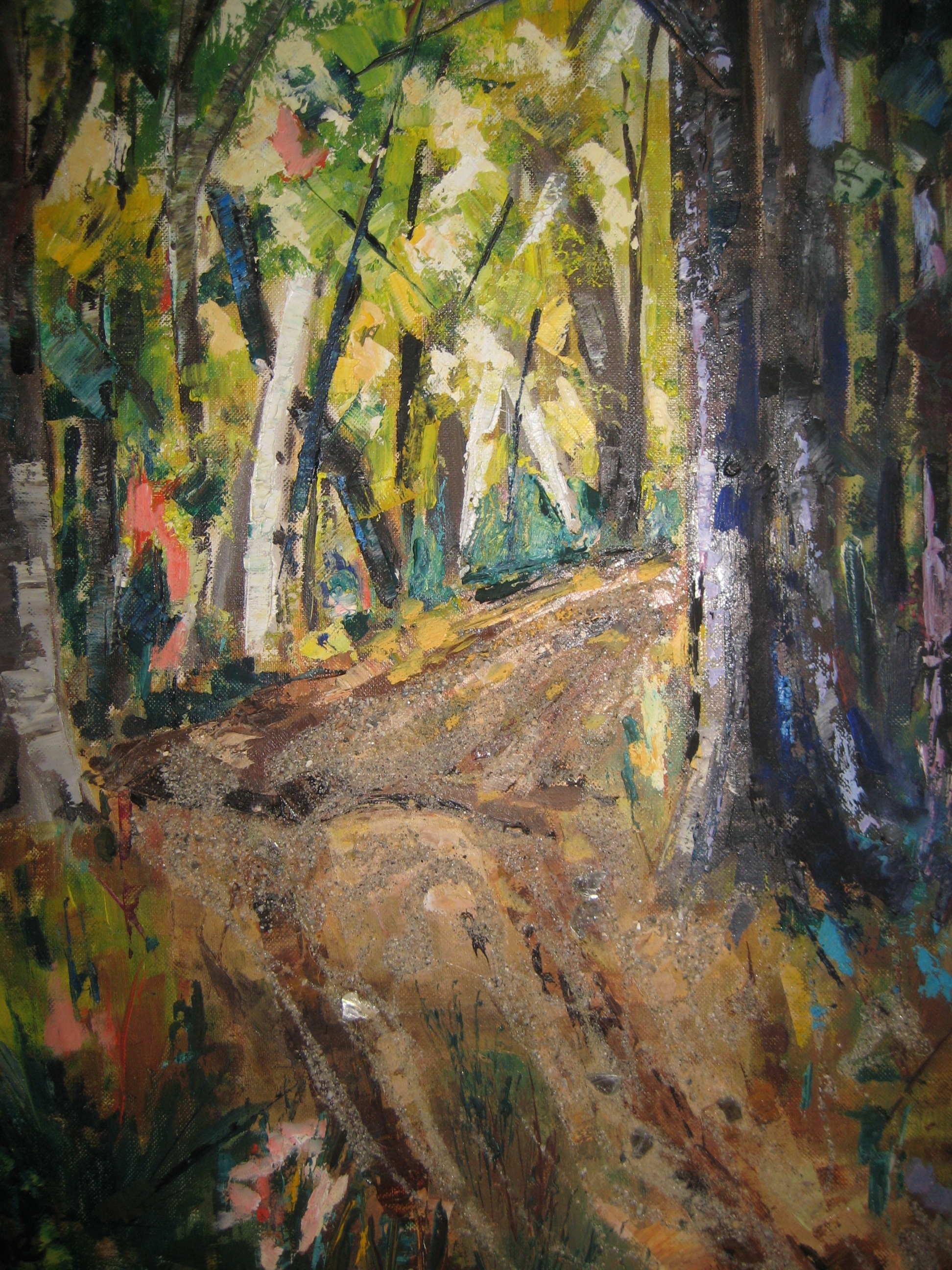 My Mom (Diana Dietrich) painted this. She took dirt from the road she was painting and stuck it onto the wet paint. Will the art never end?