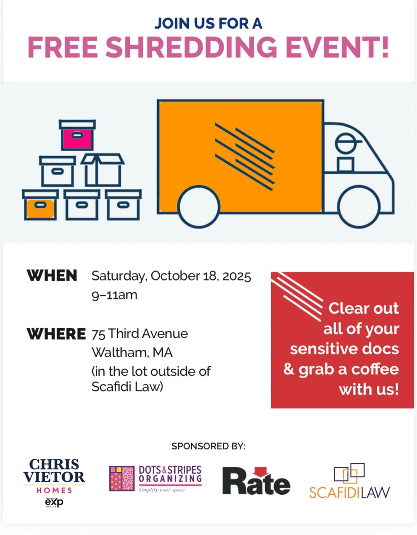 Flyer for @scafidilaw @chris.vietor @dotsandstripesbos  @sammyhomeloans - don&rsquo;t miss this opportunity to shred your home or business paper and meet these amazing humans! This Saturday, October 18 from 9-11am, see you there!