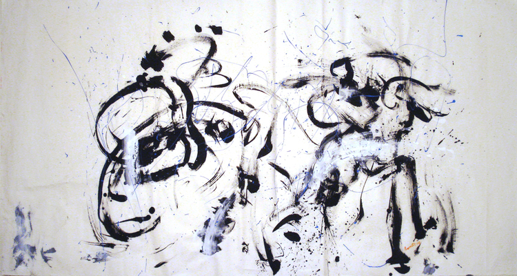 Dancing Crows in Rain. 71" x 39". Charcoal ink, water color on rice paper. 2014