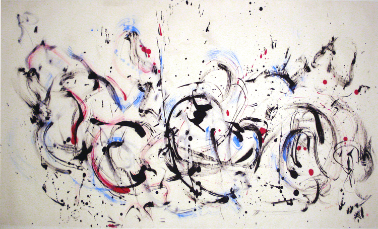 Dancing Under the Cherry Blossoms. 71" x 41". Charcoal ink, water color on rice paper. 2014.