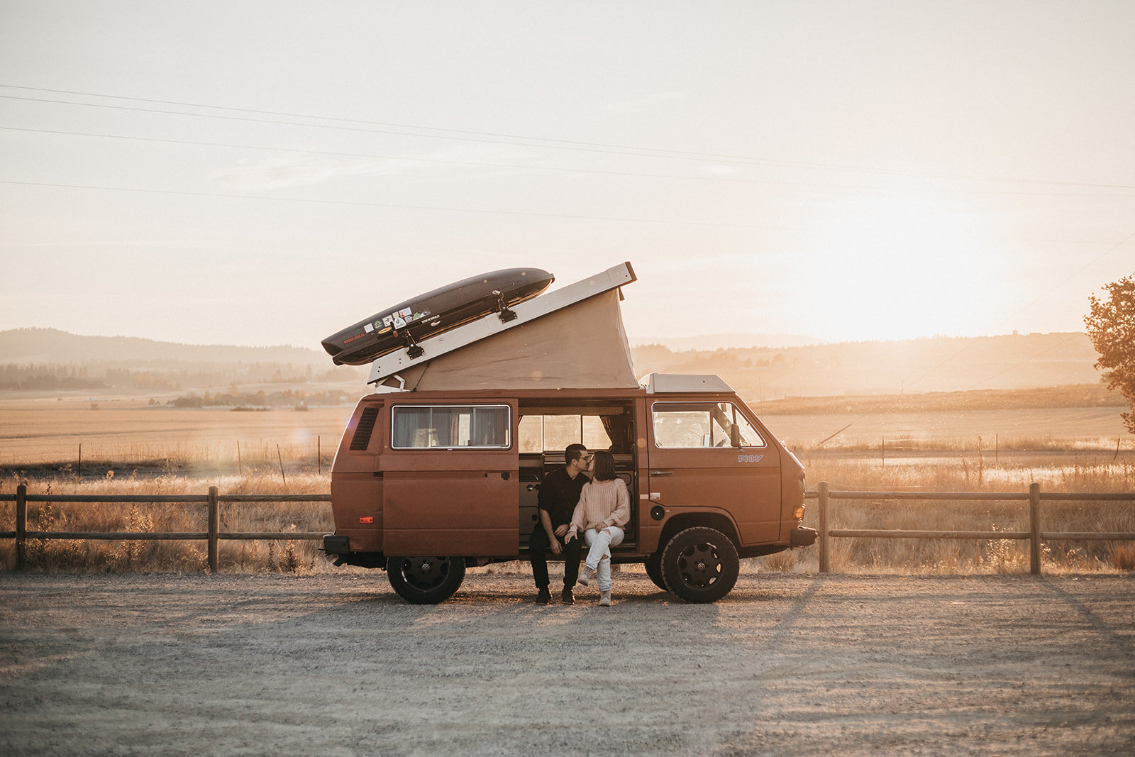 PNW engagement photos with VW bus during golden hour