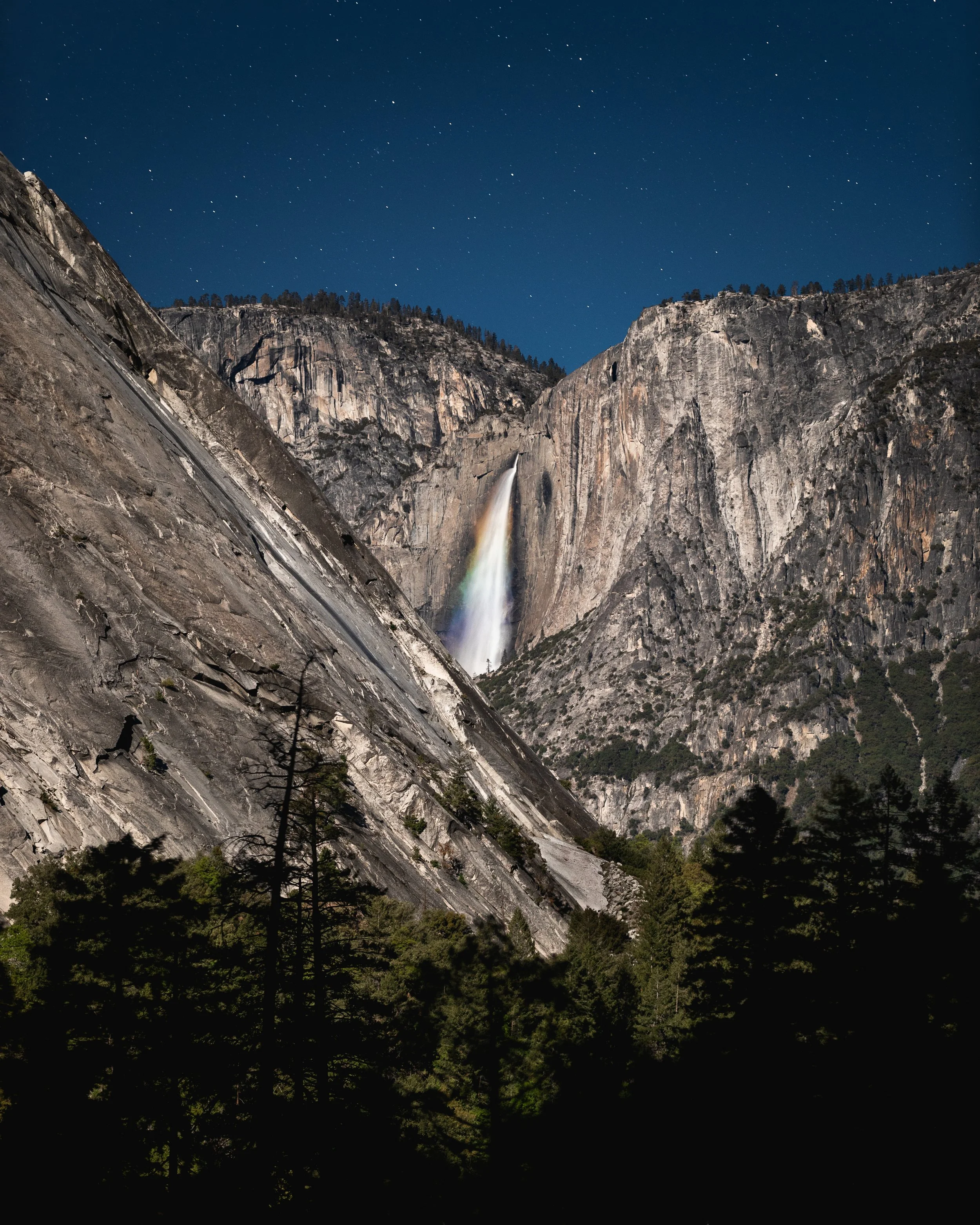 Upper Yosemite Fall Moonbow from nearly 3 miles away on the JMT