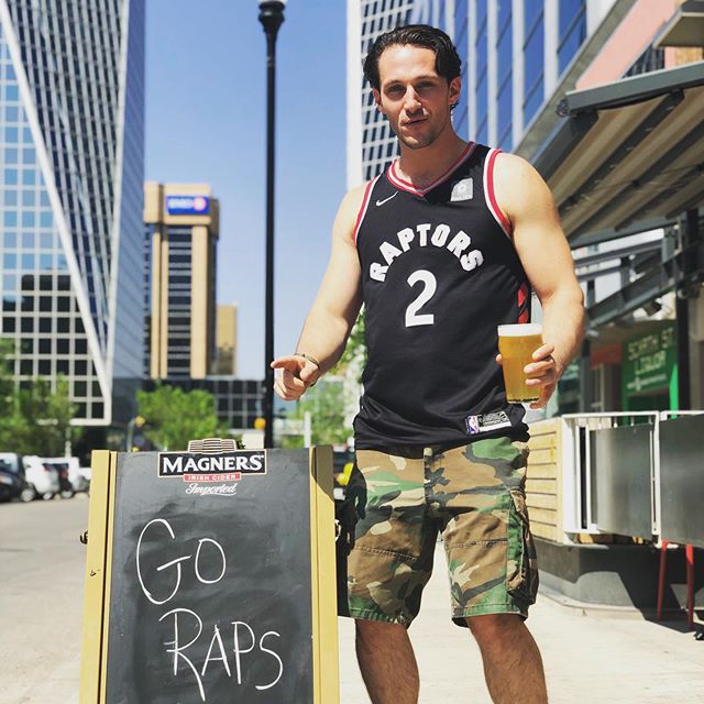 Here we have Jordan in mid-happy-dance b/c we will be showing all Raps games w/ sound and since it&rsquo;s Thursday, we have the perfect patio pint, @greatwesternbeer Radler on for $6.50! #goraps