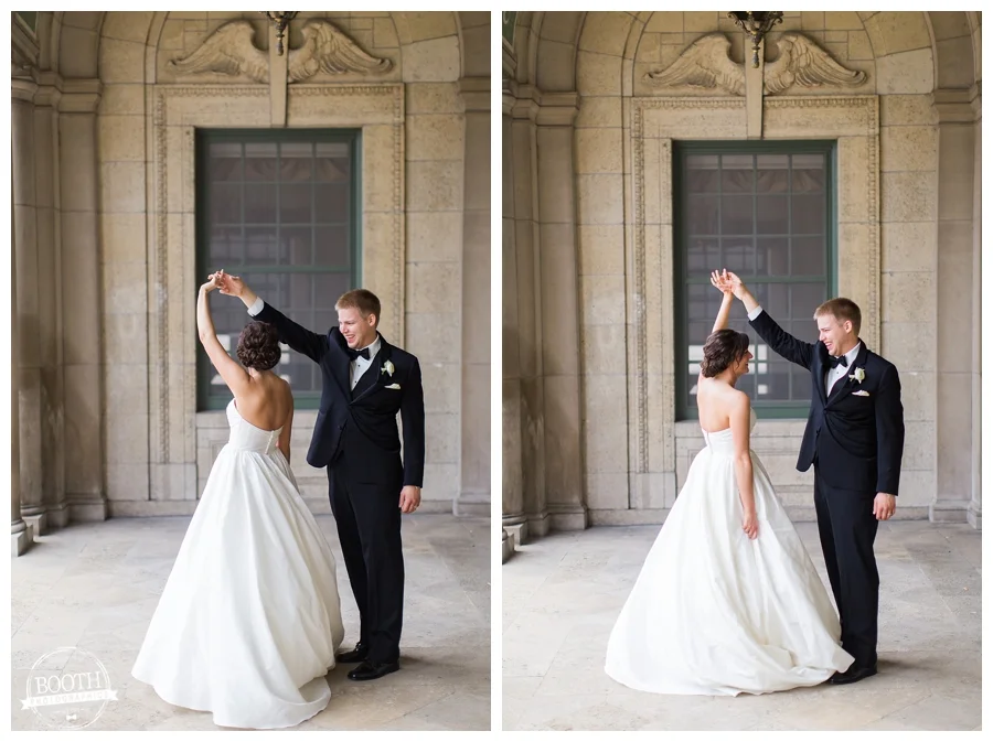 bride and groom dancing at the UW Madison Memorial Union