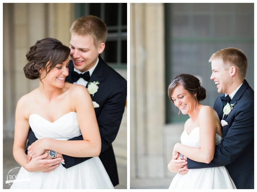 bride and groom hugging at the UW Madison Memorial Union
