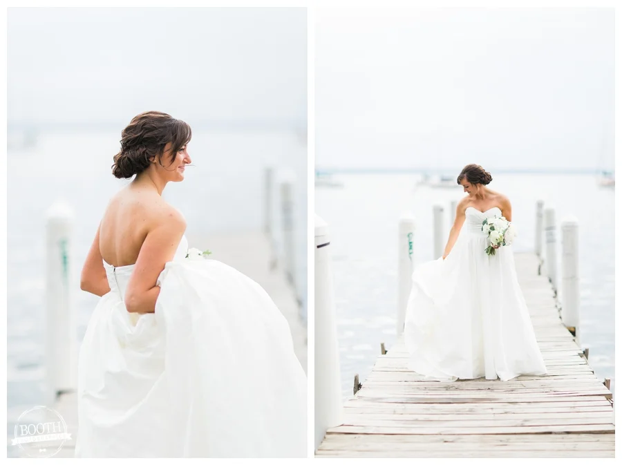 bride on a pier in Lake Mendota at the UW Memorial Union