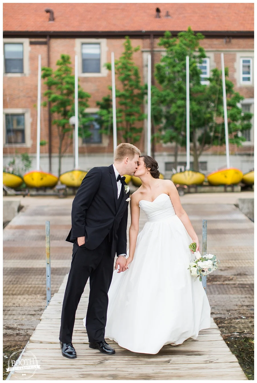 bride and groom on a pier at the UW Memorial Union