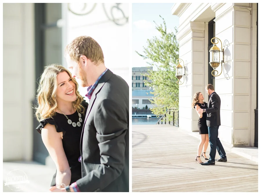 couple dancing and laughing on the streets of Milwaukee's Historic Third Ward