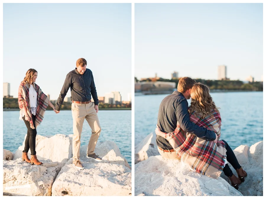 couple walking along Lake Michigan in Milwaukee, WIsconsin