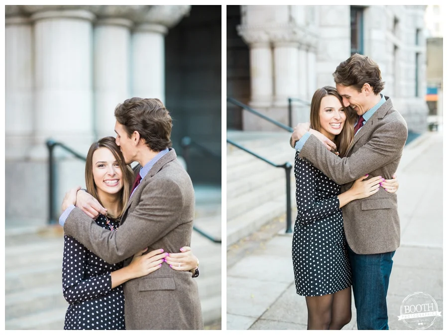 couple hugging and laughing on the Federal Courthouse building in Milwaukee Wisconsin