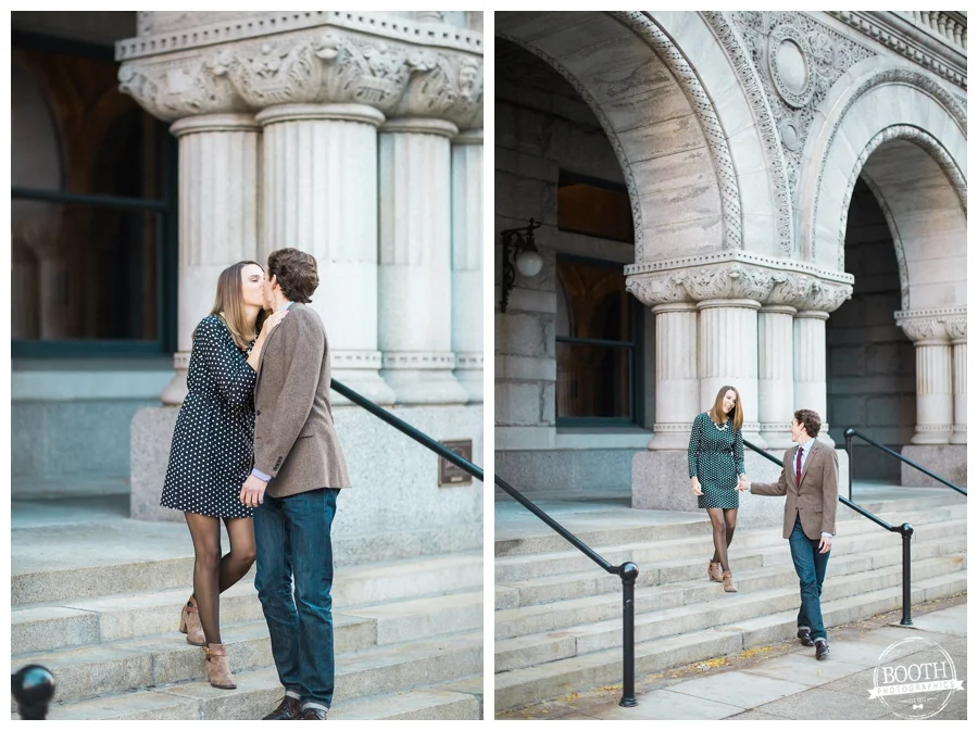 couple hugging and laughing on the Federal Courthouse building in Milwaukee Wisconsin