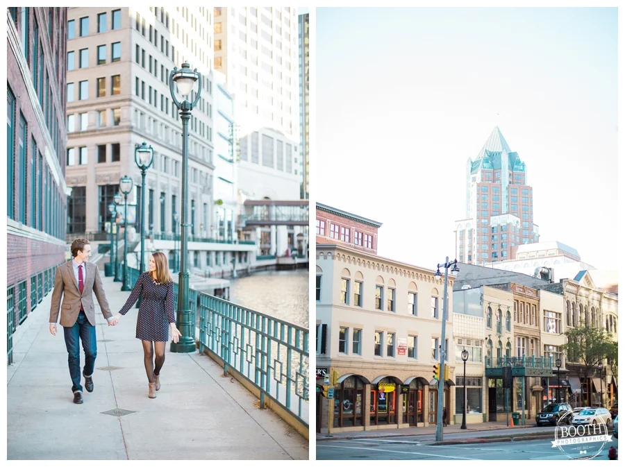 engaged couple holding hands and walking along the river in downtown Milwaukee Wisconsin